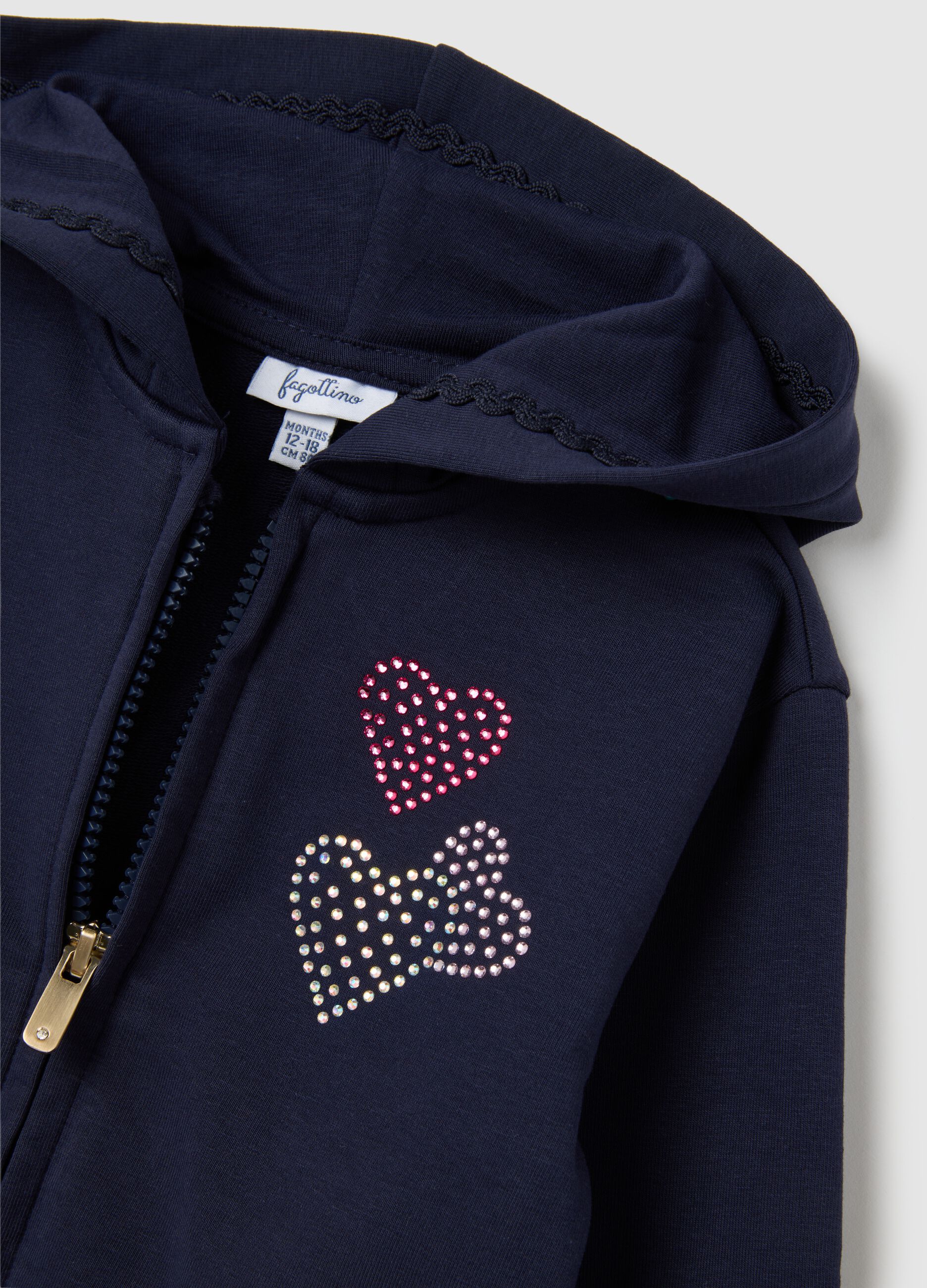 Blue Hoodie with Rhinestone Hearts