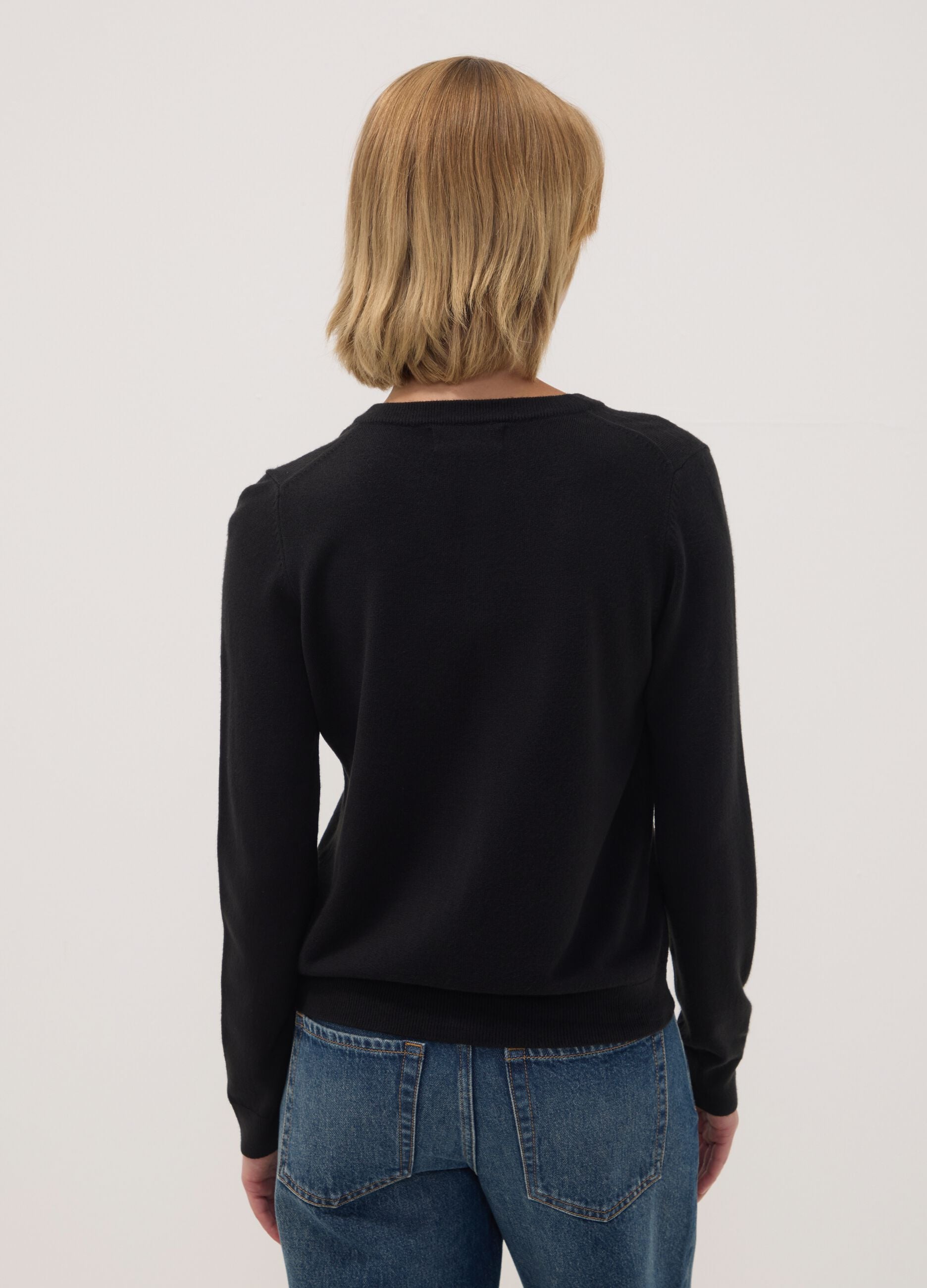Black crew-neck regular-fit cardigan with buttons