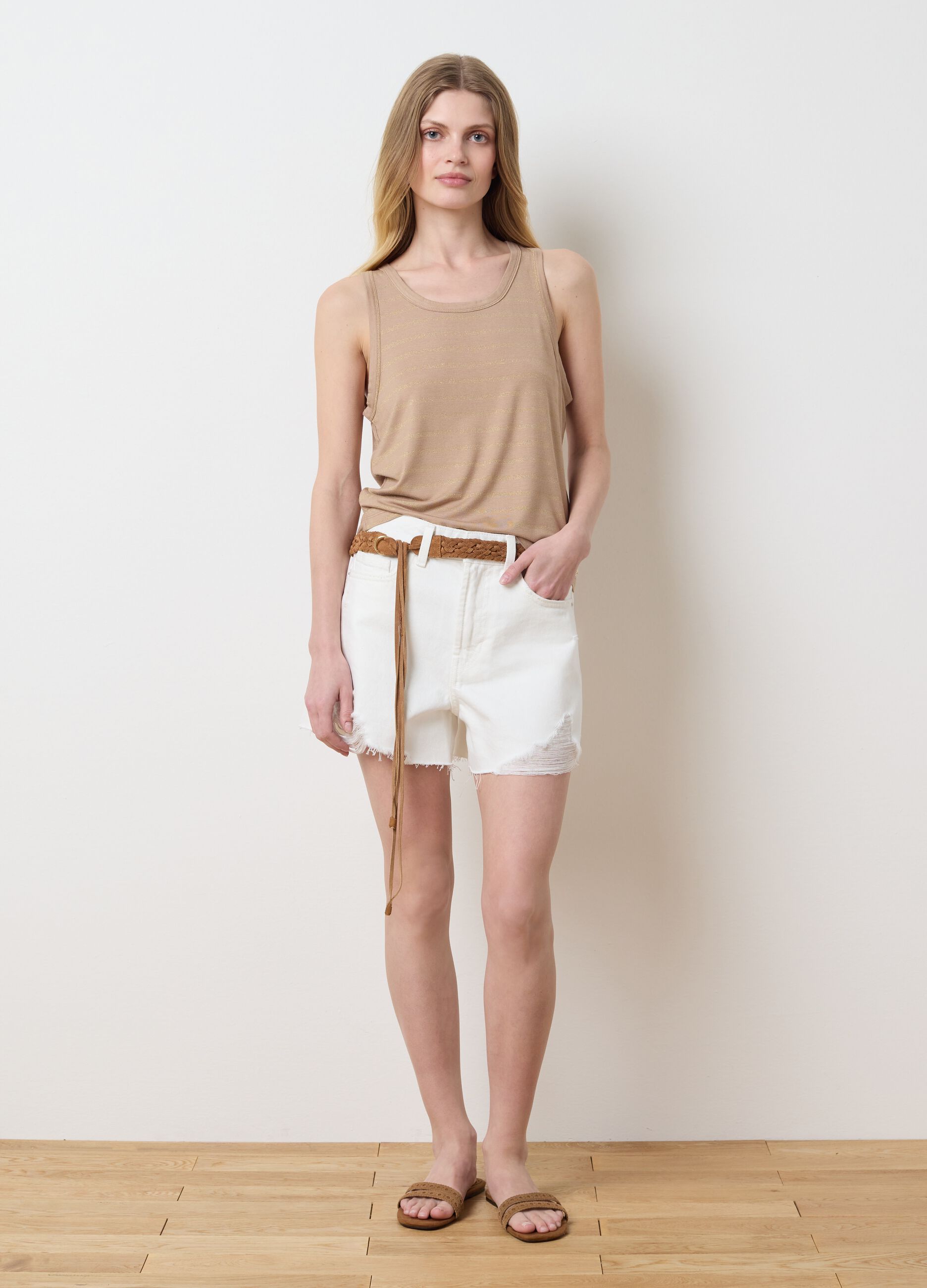 Women's beige viscose blend tank top, regular fit