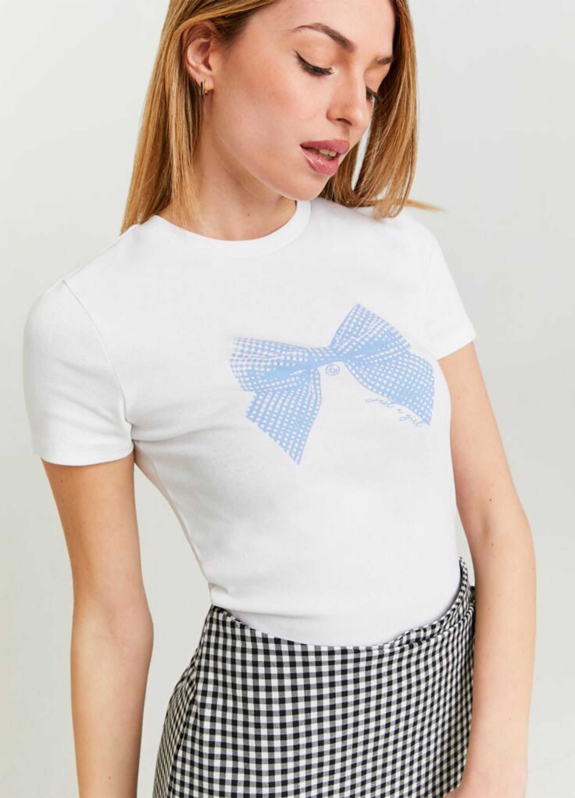 Women's white stretch cotton T-shirt with bow