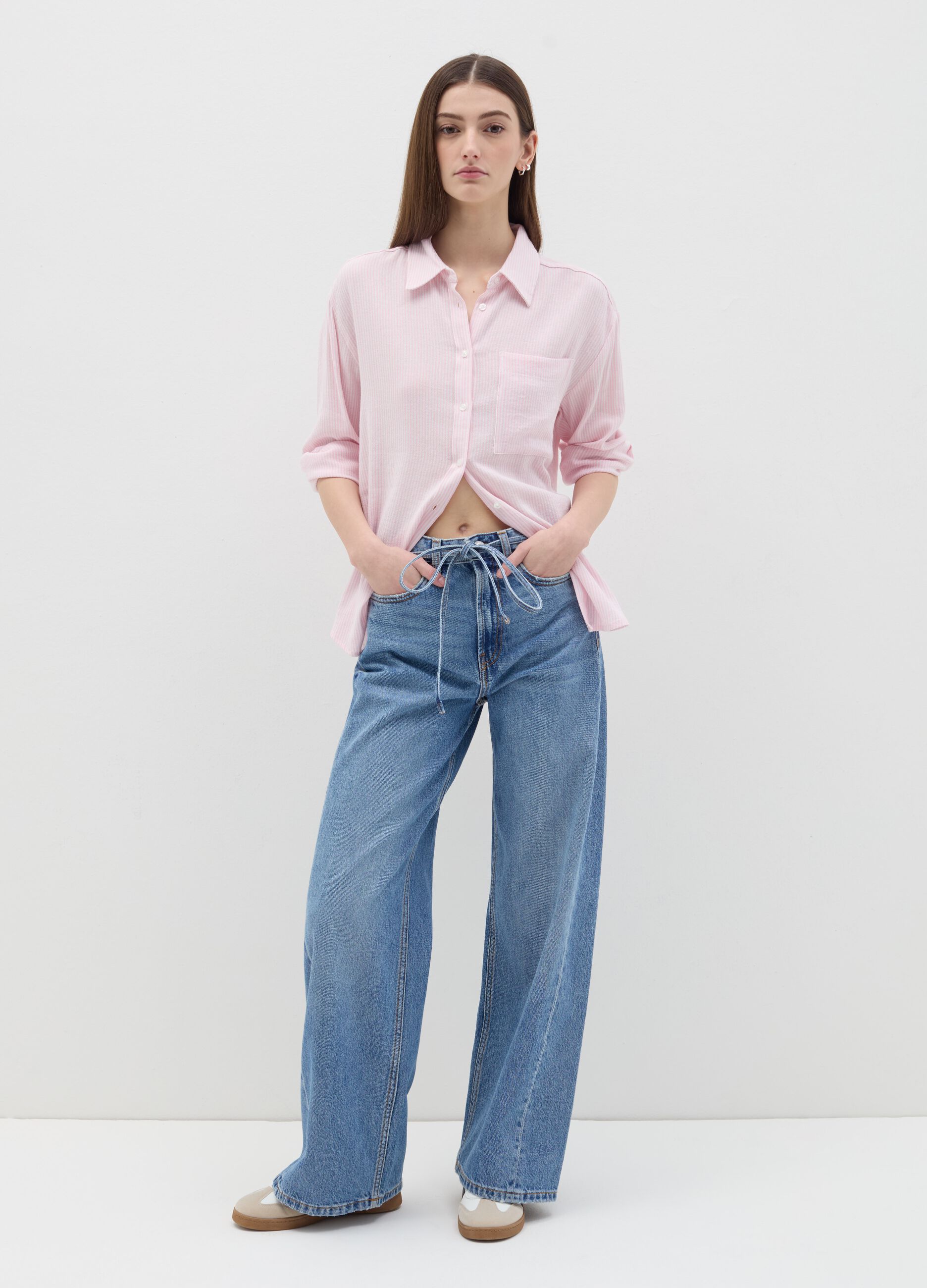 Camicia rosa a righe in cotone e lino