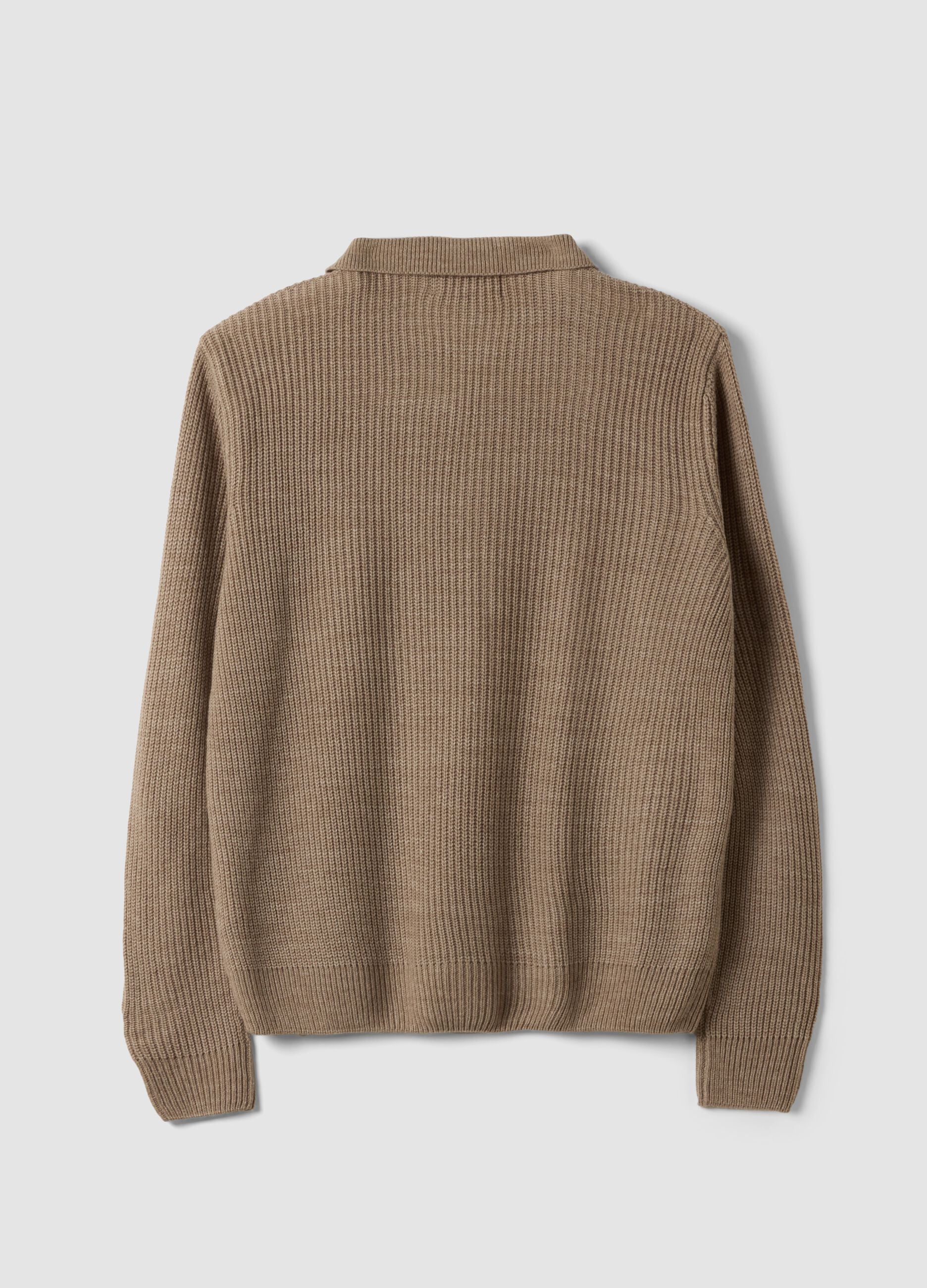 Beige long-sleeved ribbed knit polo shirt