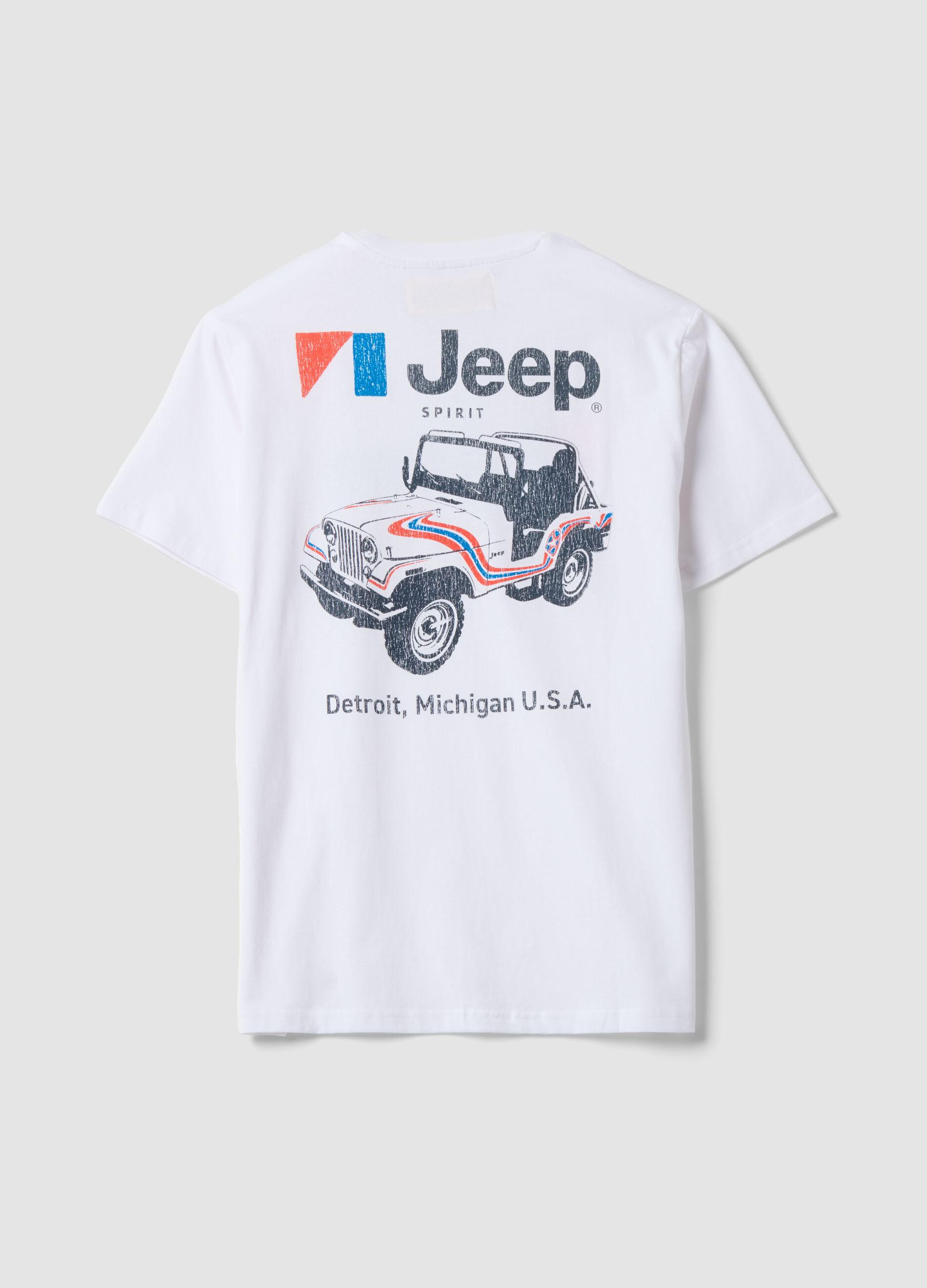 White pure cotton crew-neck T-shirt with Jeep print
