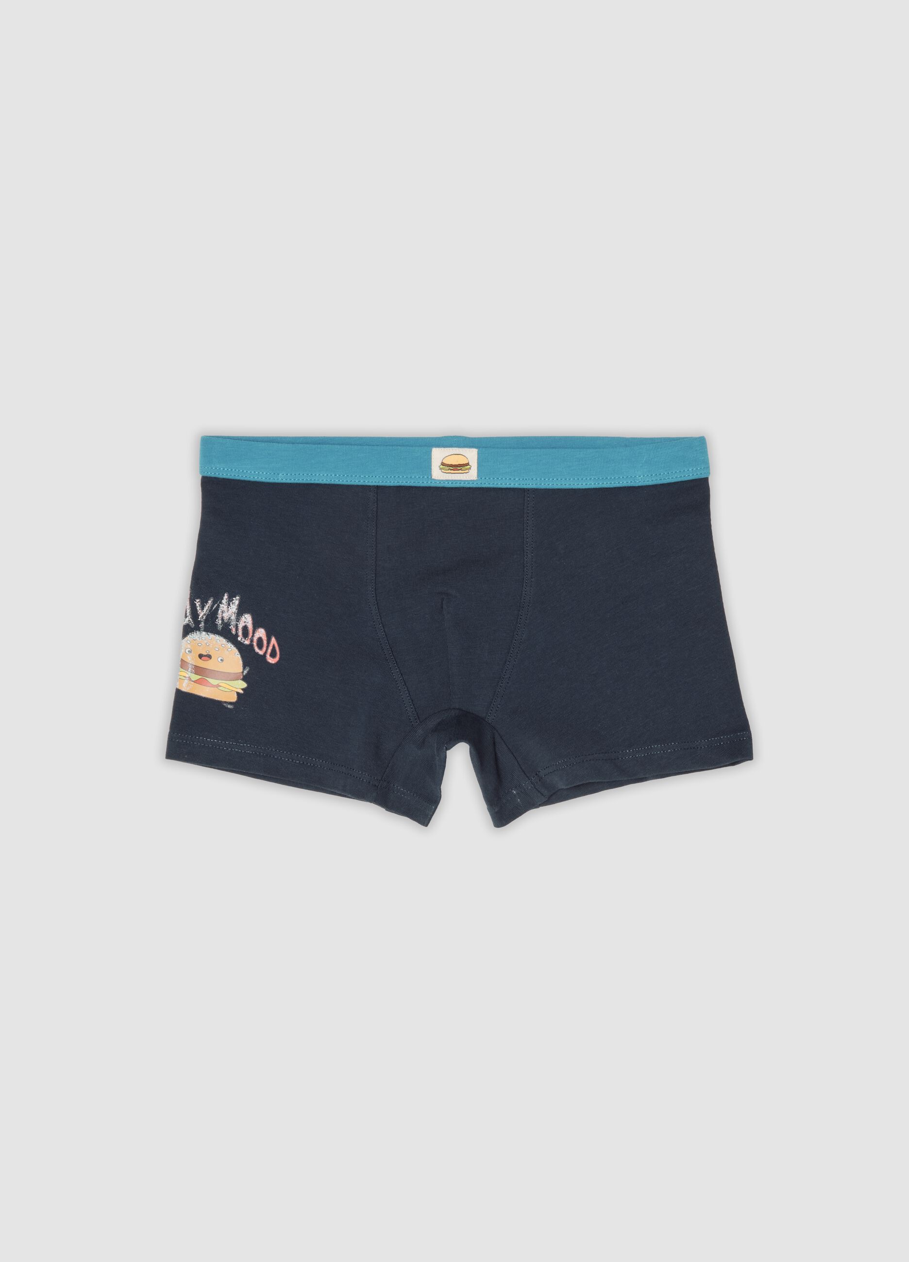 Boxer midi blu in cotone organico elasticizzato con stampa hamburger