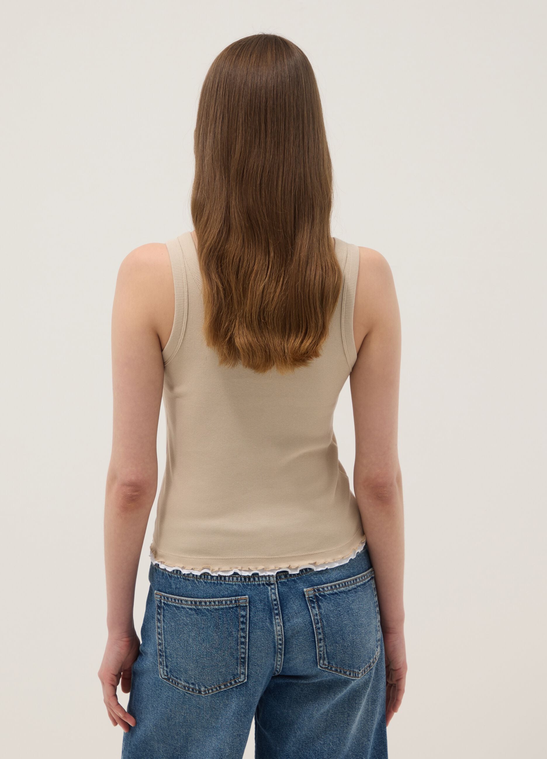 Beige pure cotton ribbed vest top, regular fit