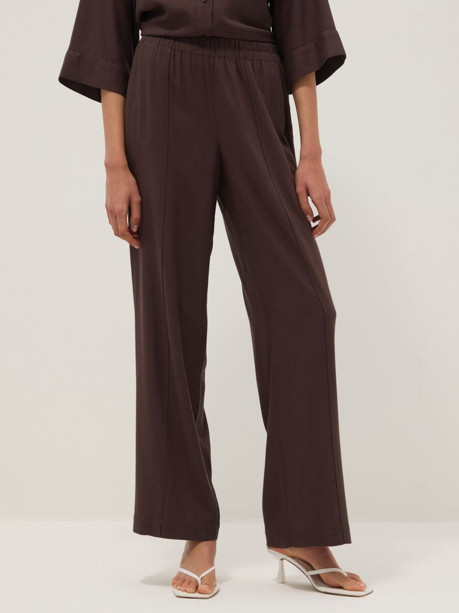 Brown viscose and linen-blend straight-fit trousers_1