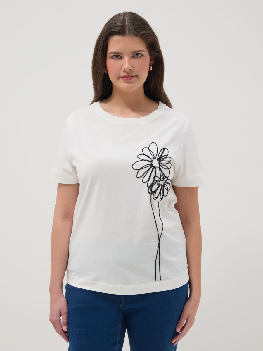 White pure cotton regular fit T-shirt with floral embroidery_1
