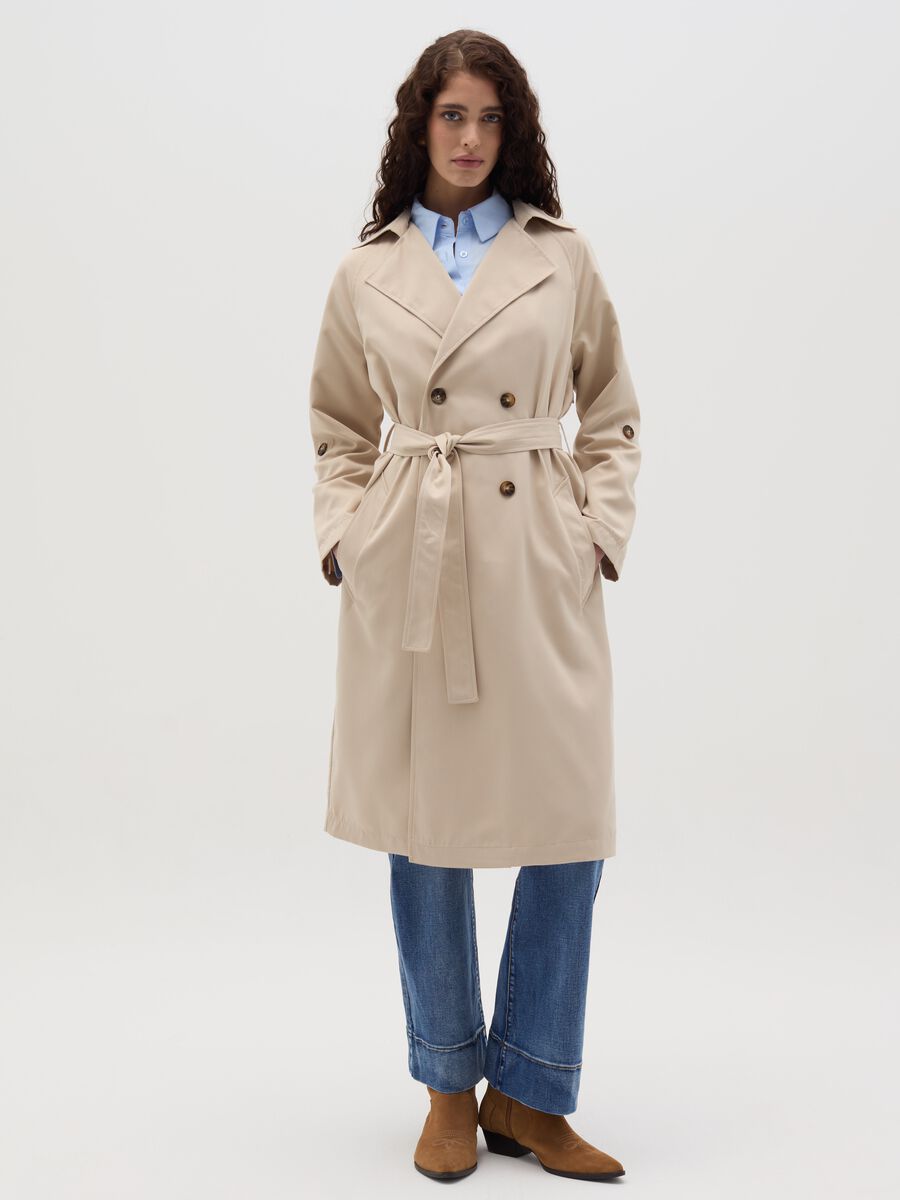 Double-breasted trench coat with buttons and belt_0