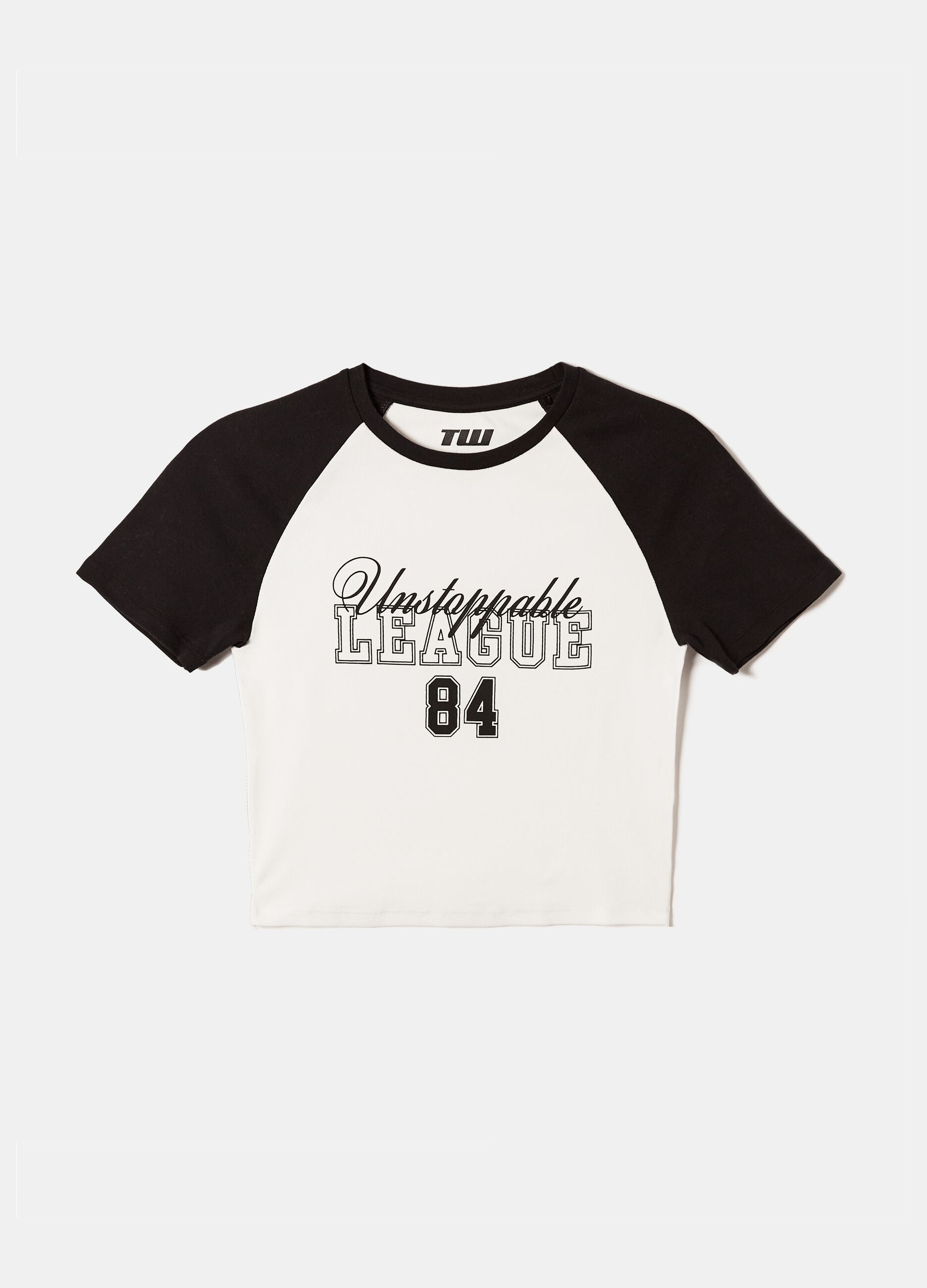 Crop T-shirt with raglan sleeves and college print