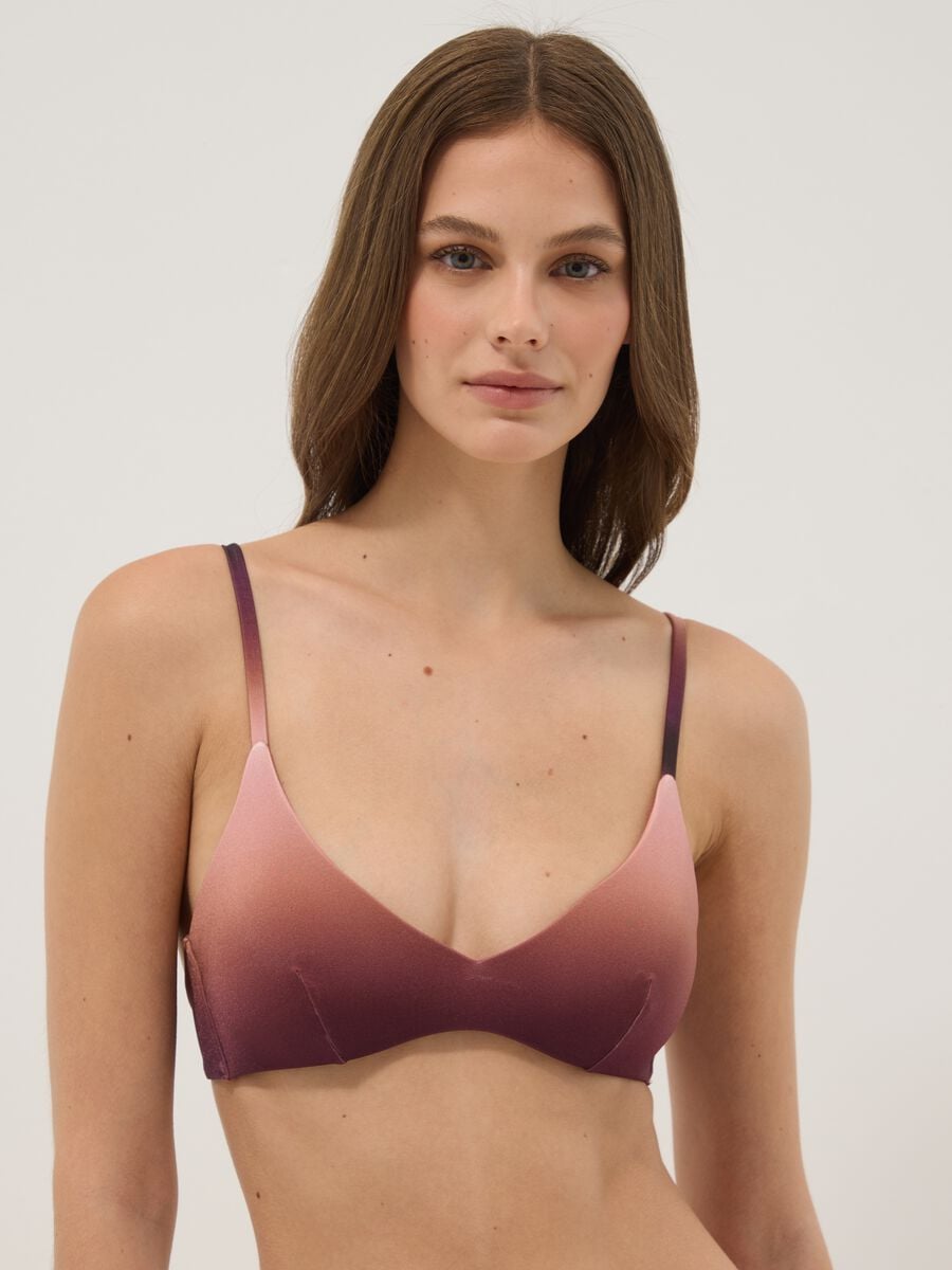 Top bikini in tessuto elasticizzato marrone con effetto sfumato_0