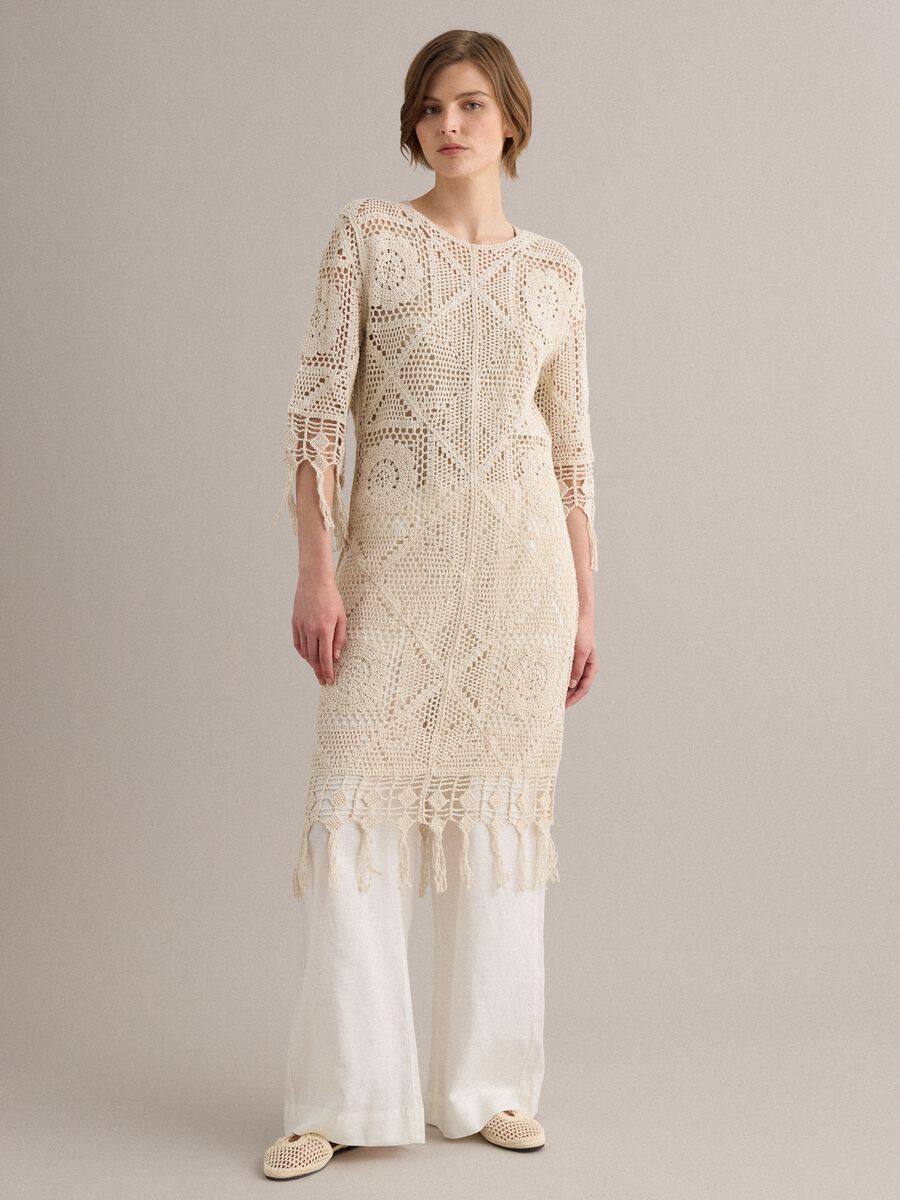 Beige crochet dress in cotton-viscose blend, regular fit_0
