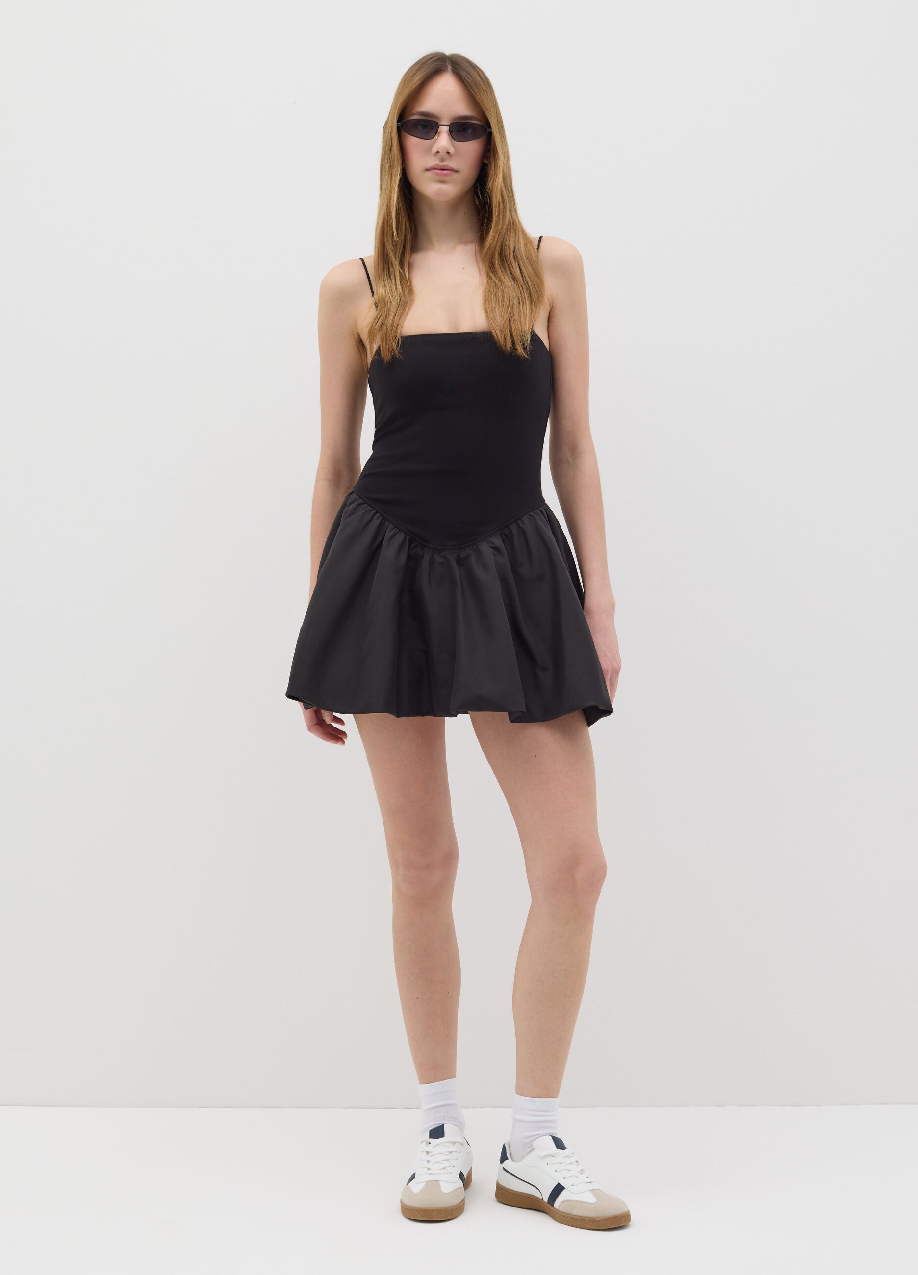 Black Dress with Square Neckline and Flared Skirt