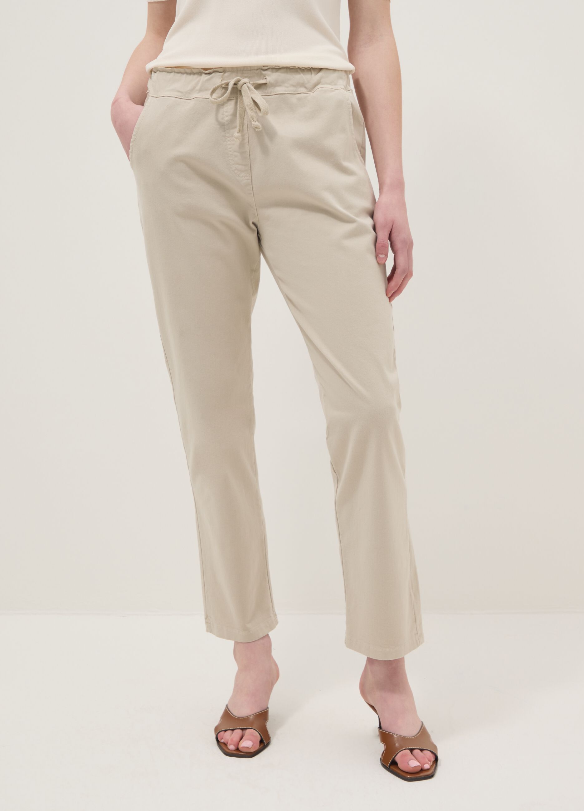 Beige stretch cotton paper bag trousers regular fit