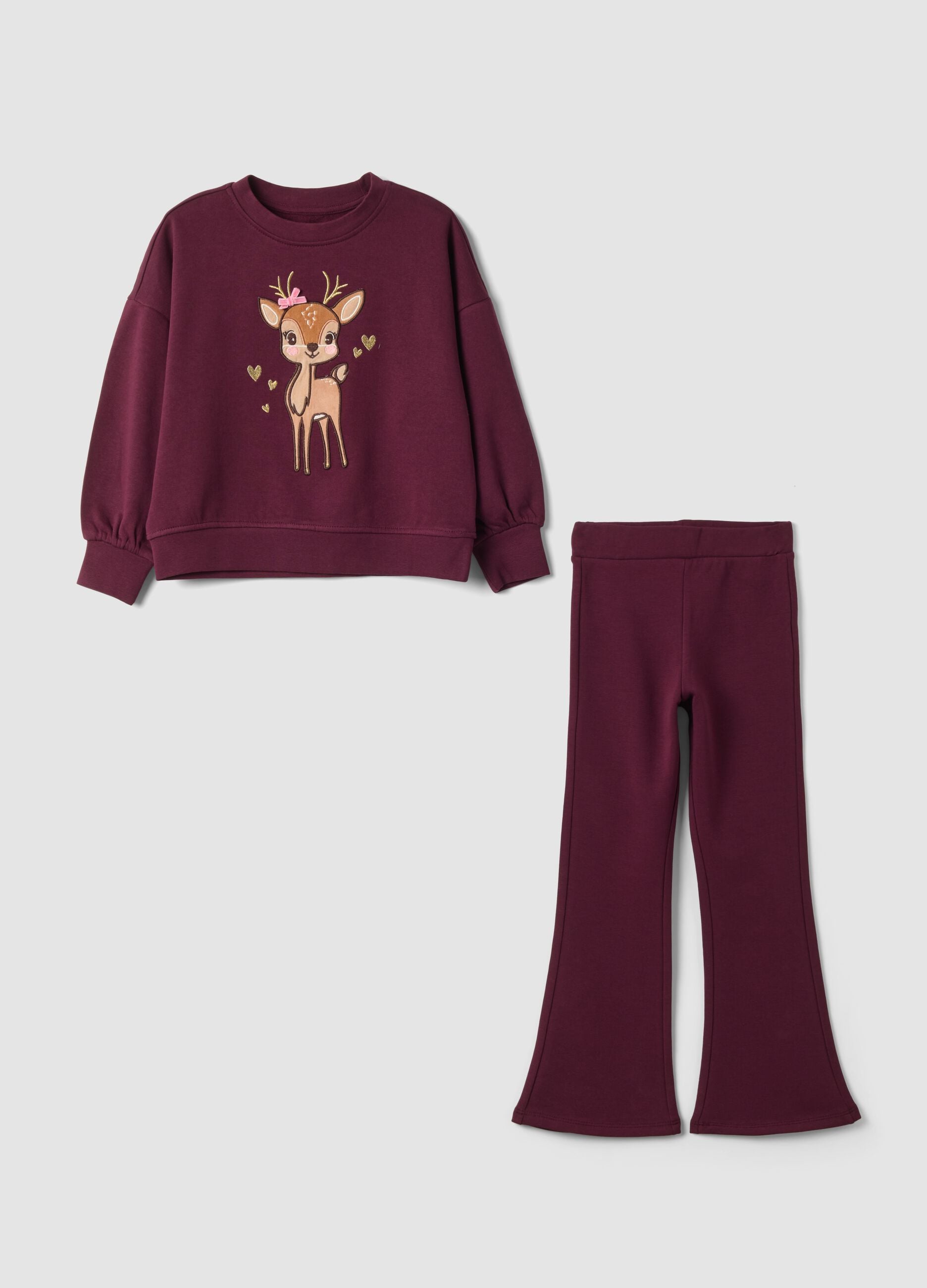 Purple pure cotton tracksuit with ribbed collar and print, oversized fit