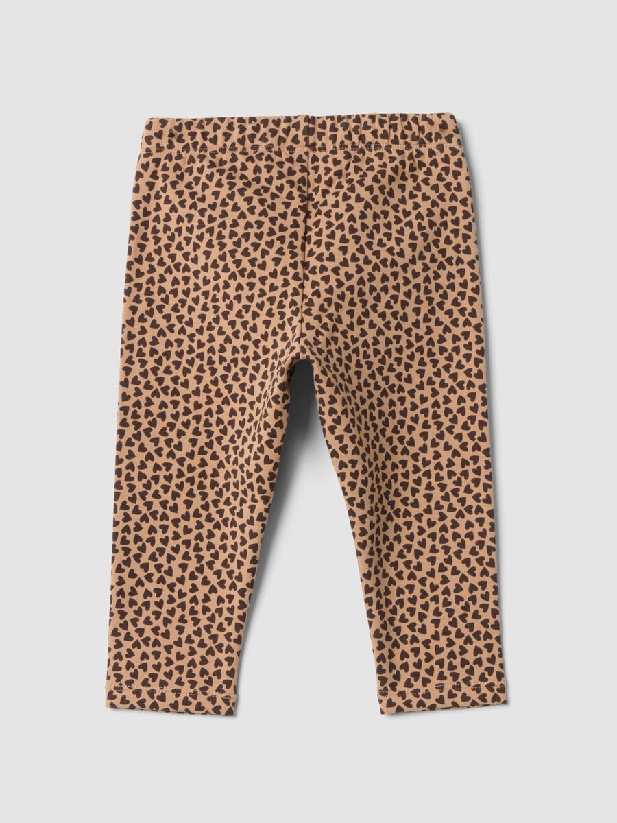 Leggings marroni in cotone elasticizzato con stampa cuori_1