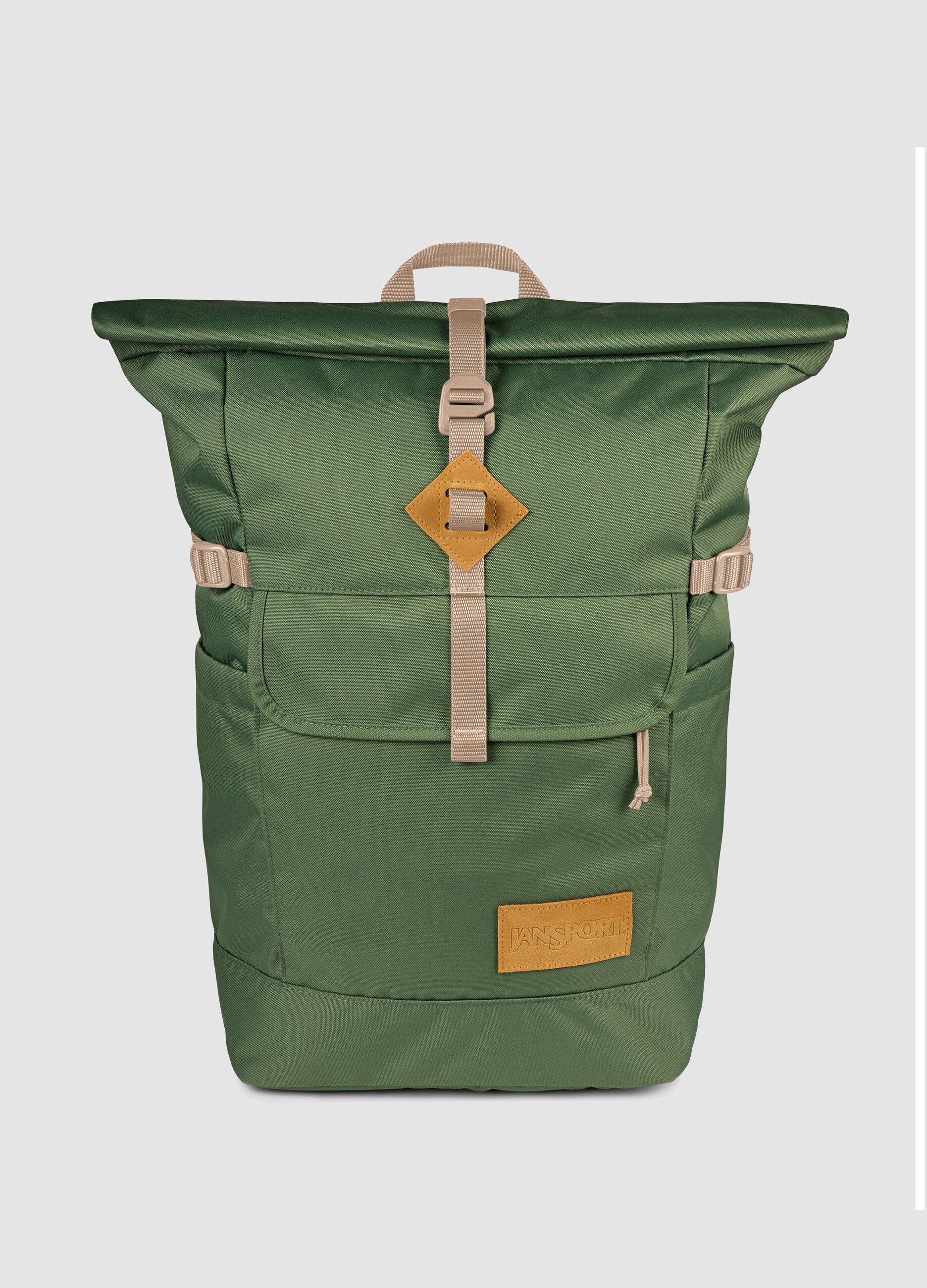 Green roll-top backpack with pockets