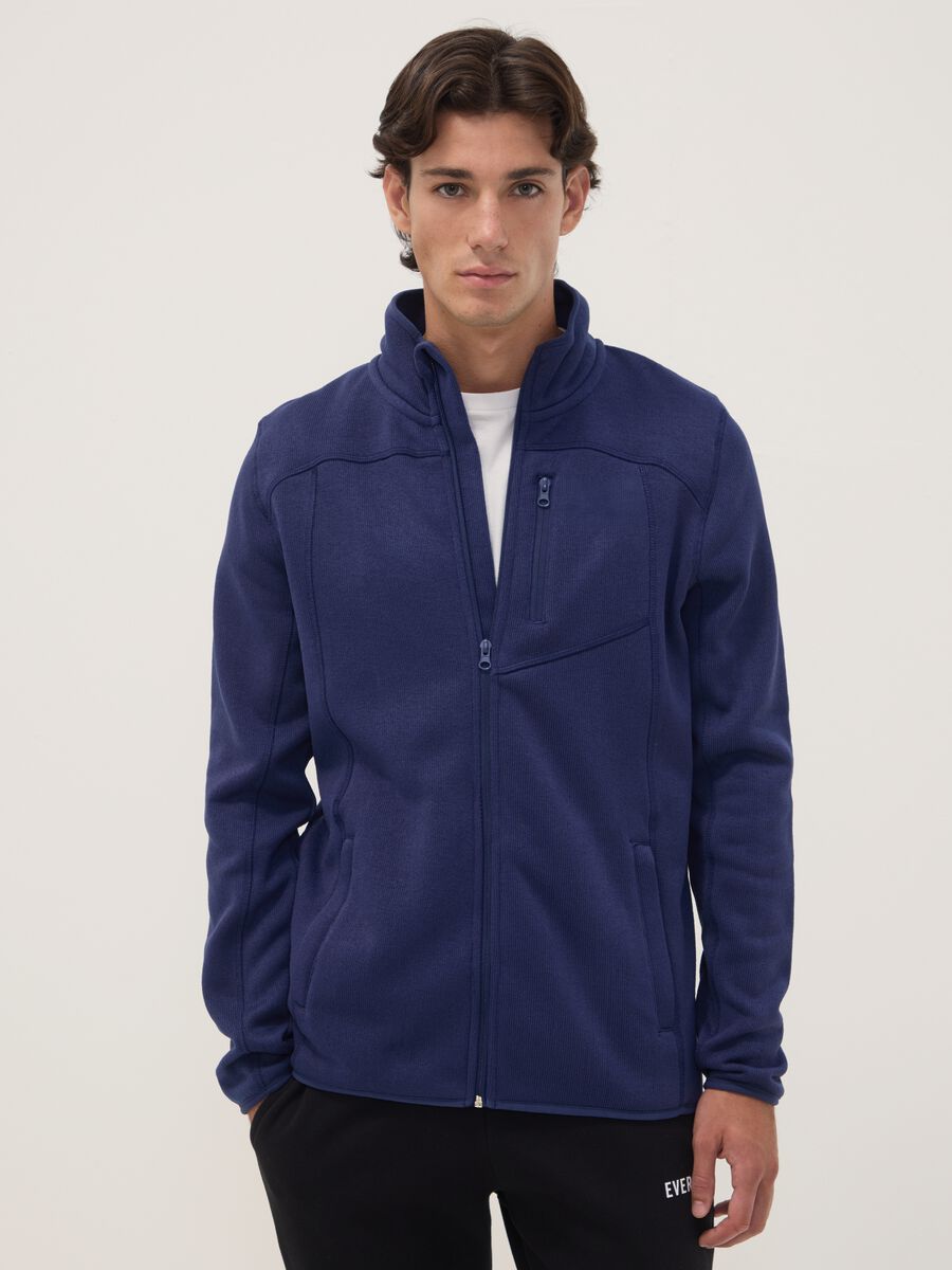 Felpa blu full zip con collo alto e logo_0