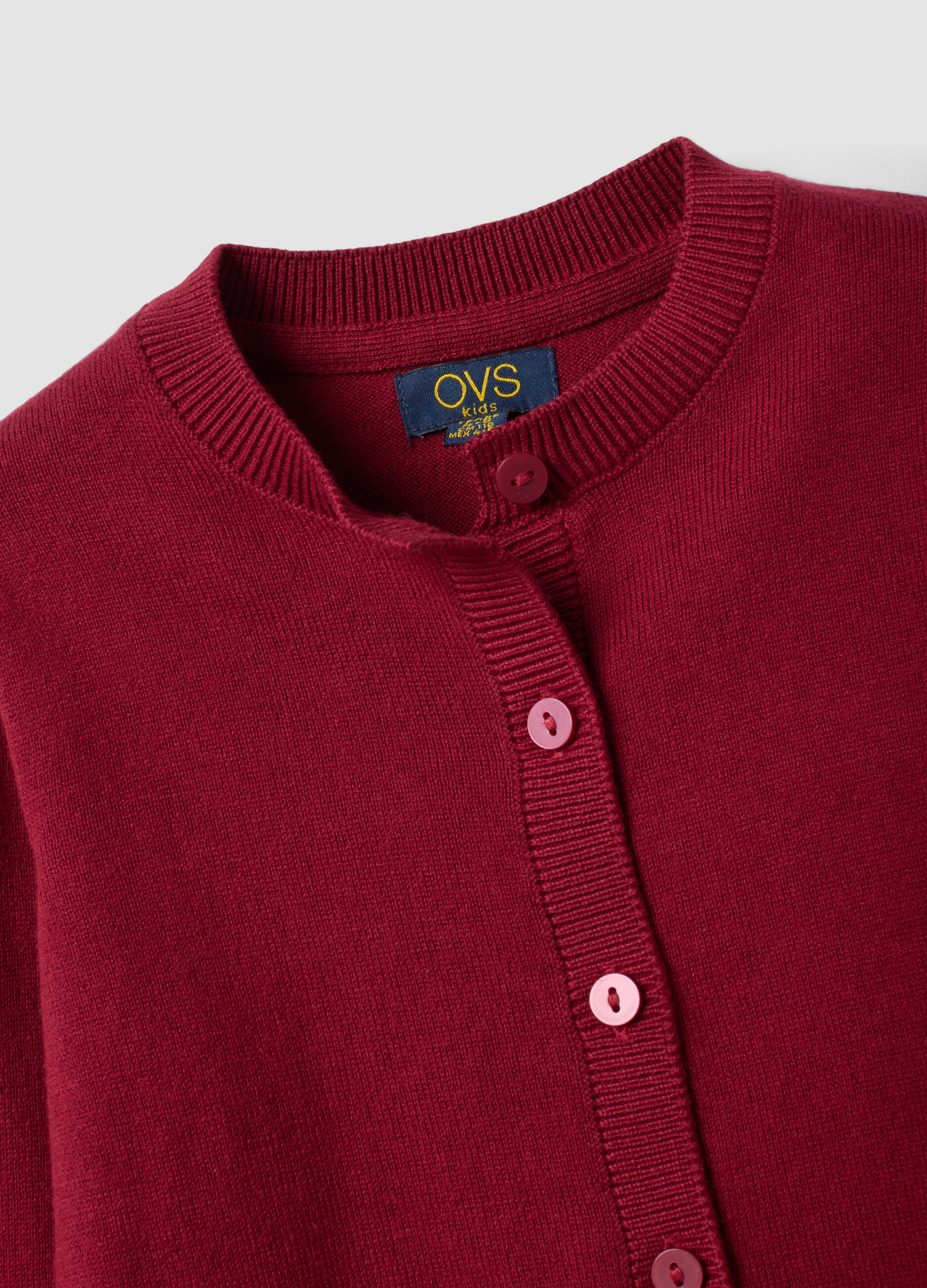 Red cotton-blend crew-neck cardigan, regular fit, for girls