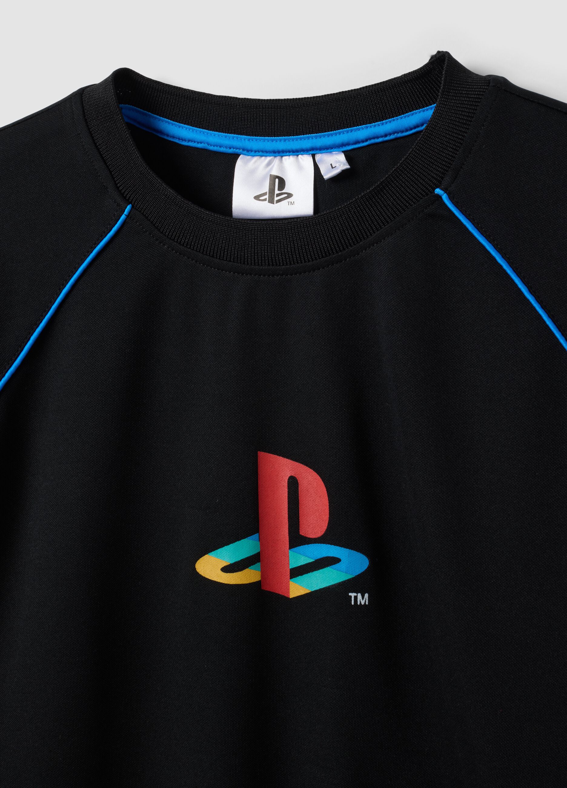 Black PlayStation T-shirt with logo and contrast piping