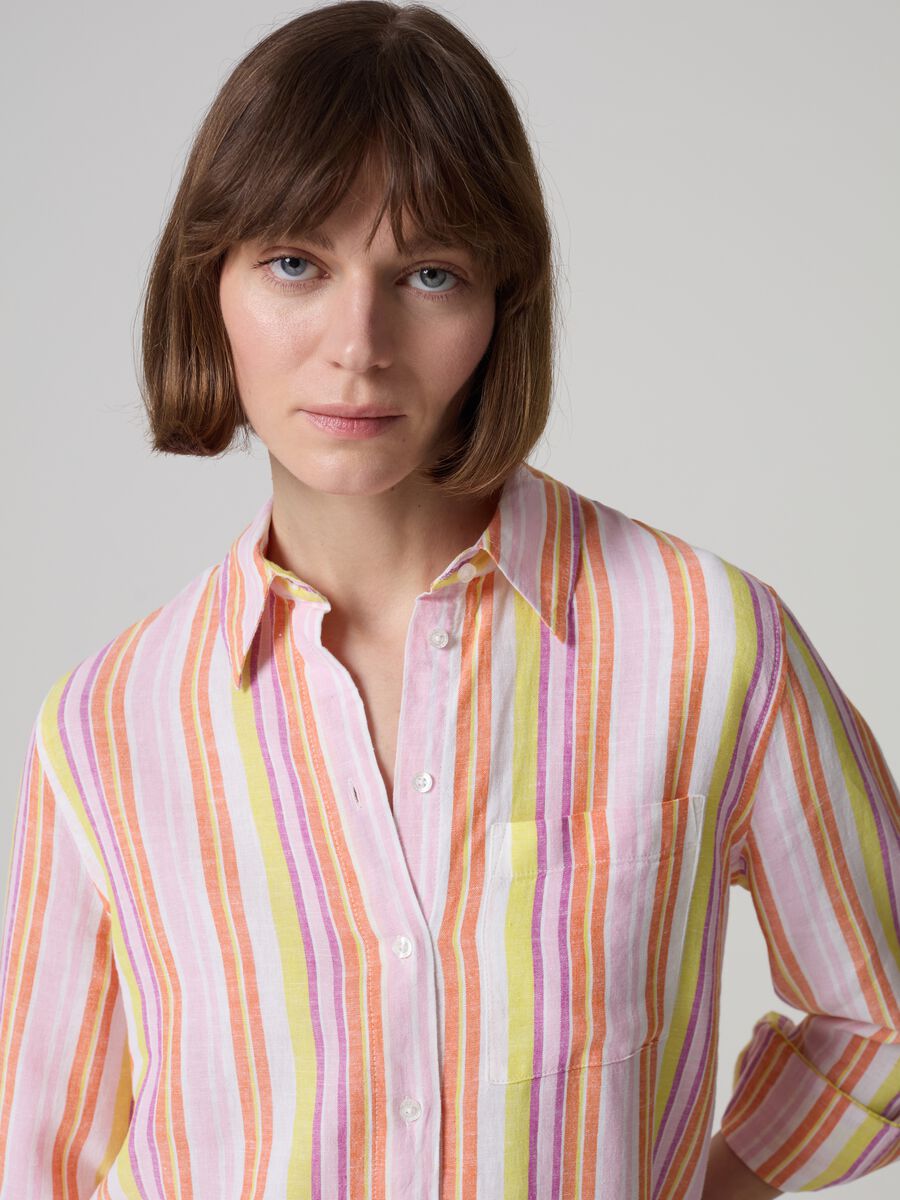 Linen and viscose shirt with multicoloured stripes_1