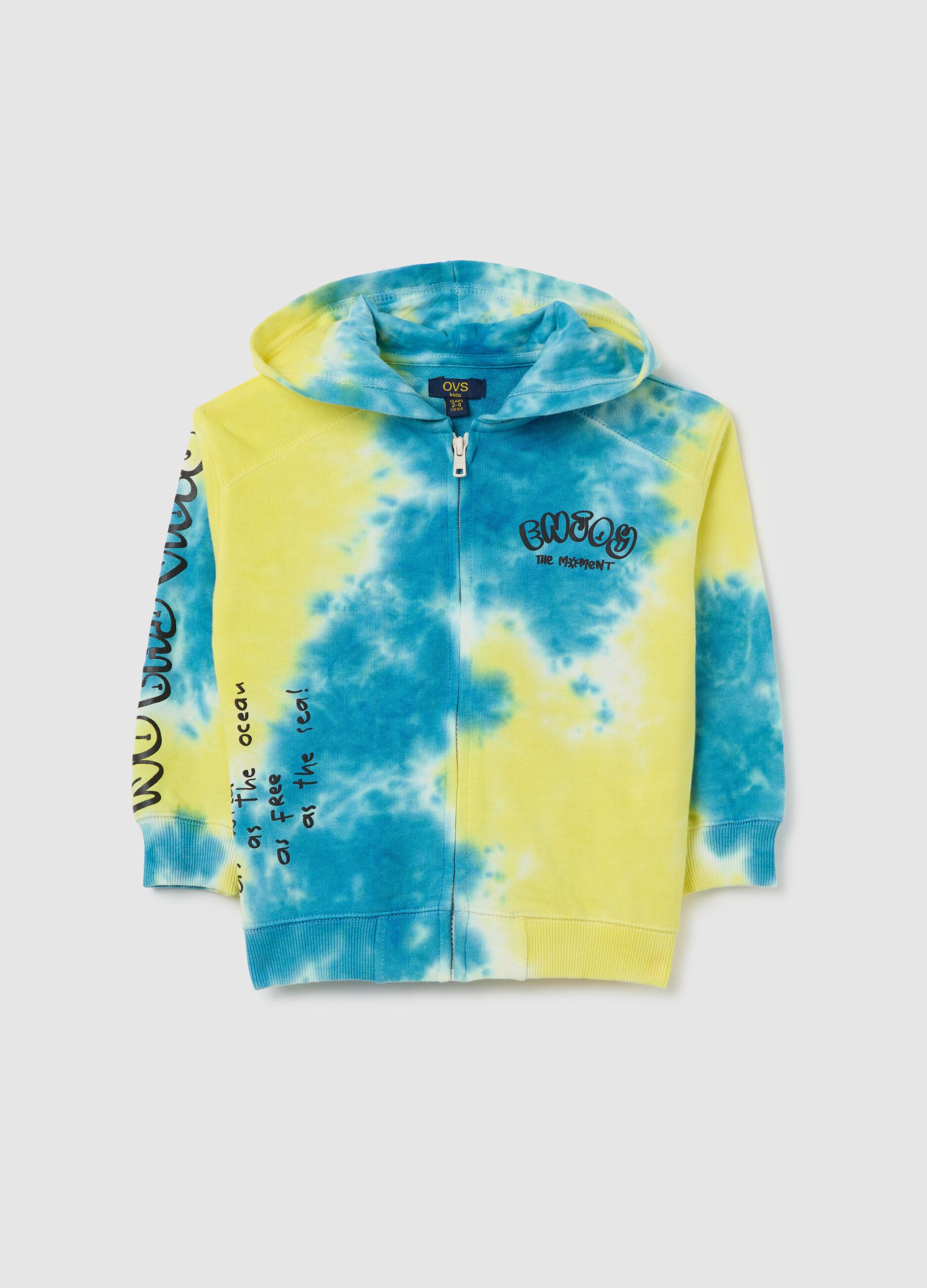 Blue and yellow full-zip sweatshirt with tie dye pattern, hood and print