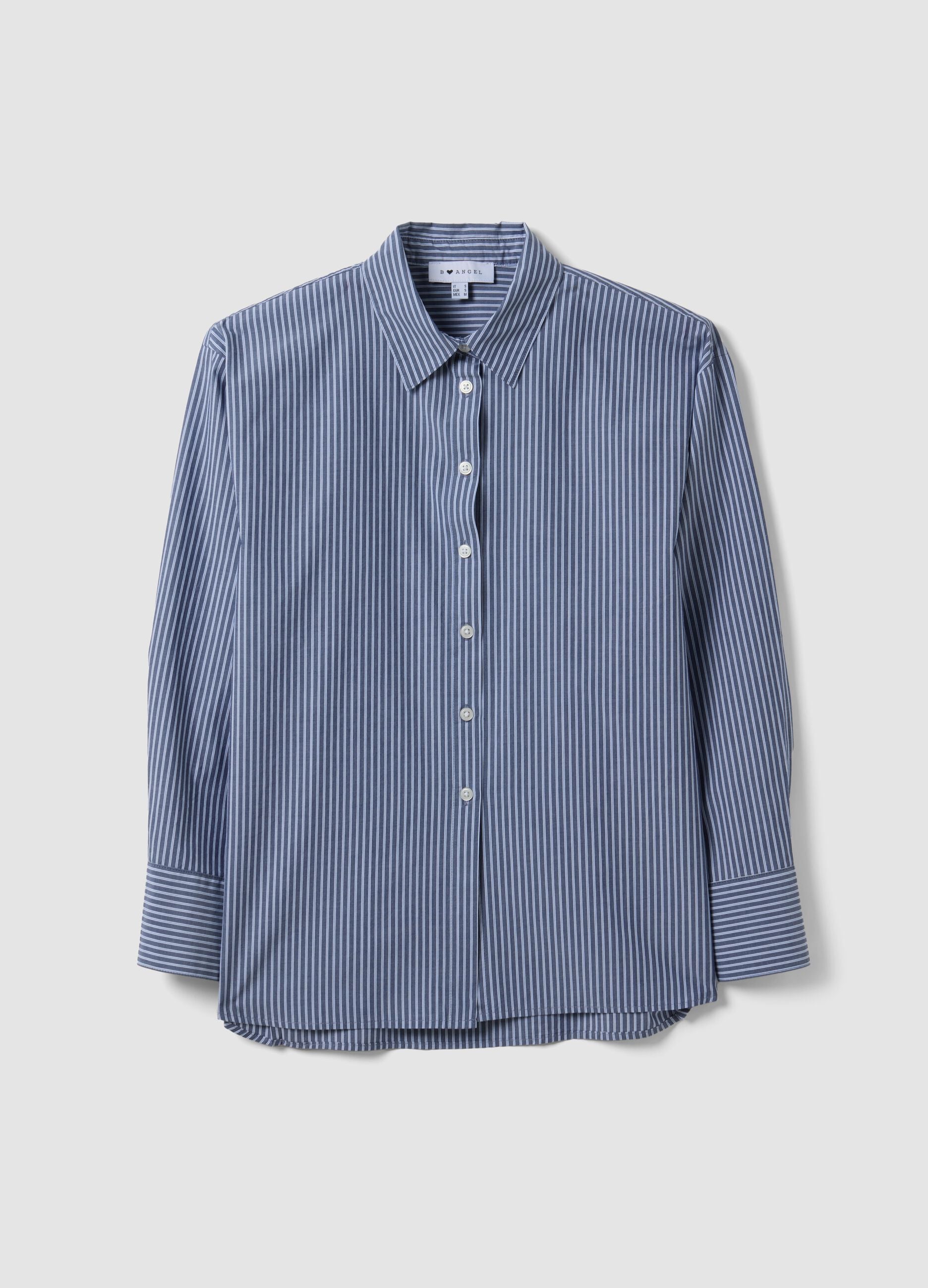 Camicia blu a righe in popeline di puro cotone regular fit