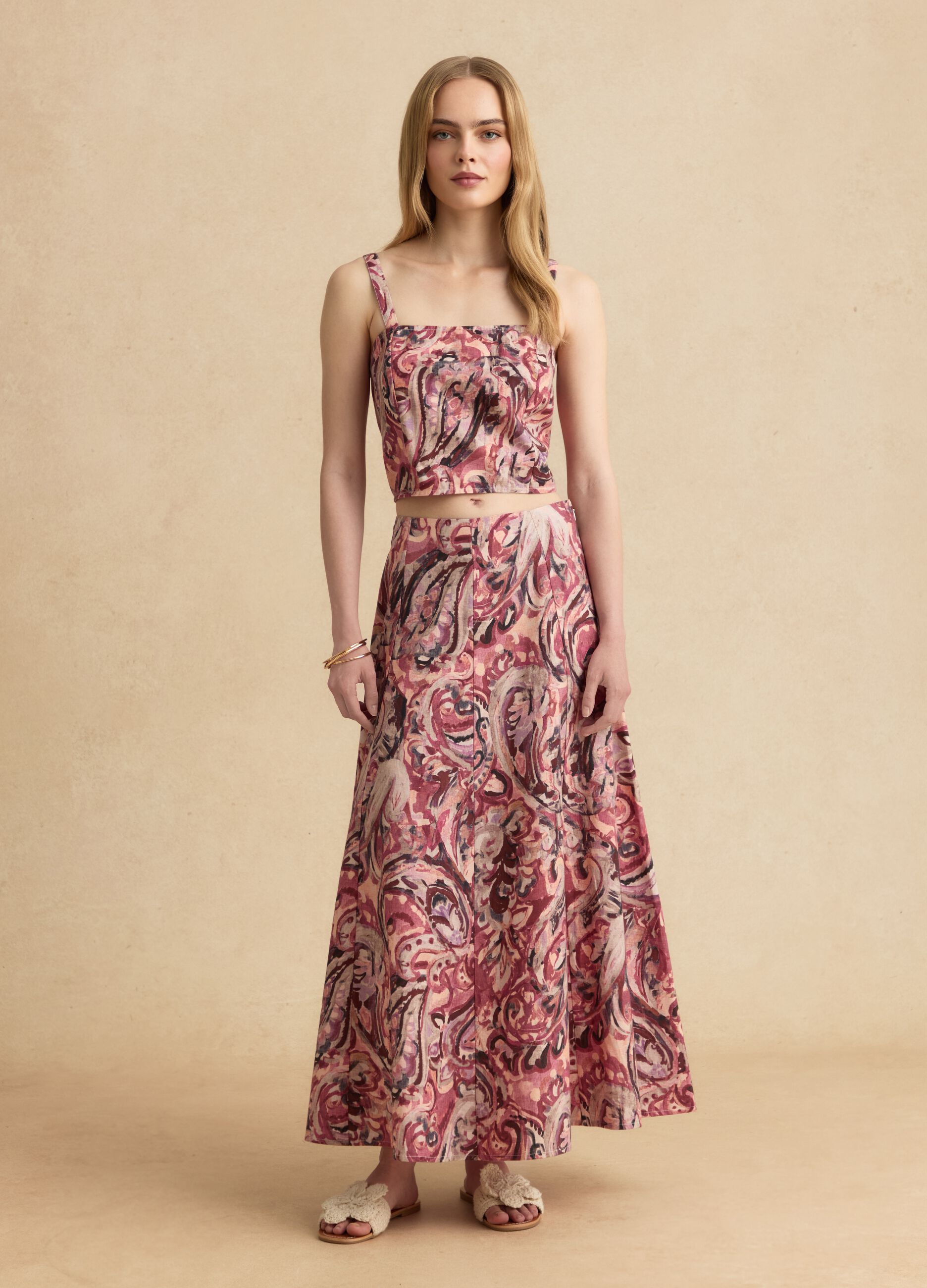 Top crop multicolor in misto cotone e lino