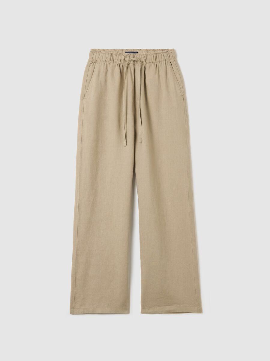 Beige wide-leg fluid trousers in linen_4