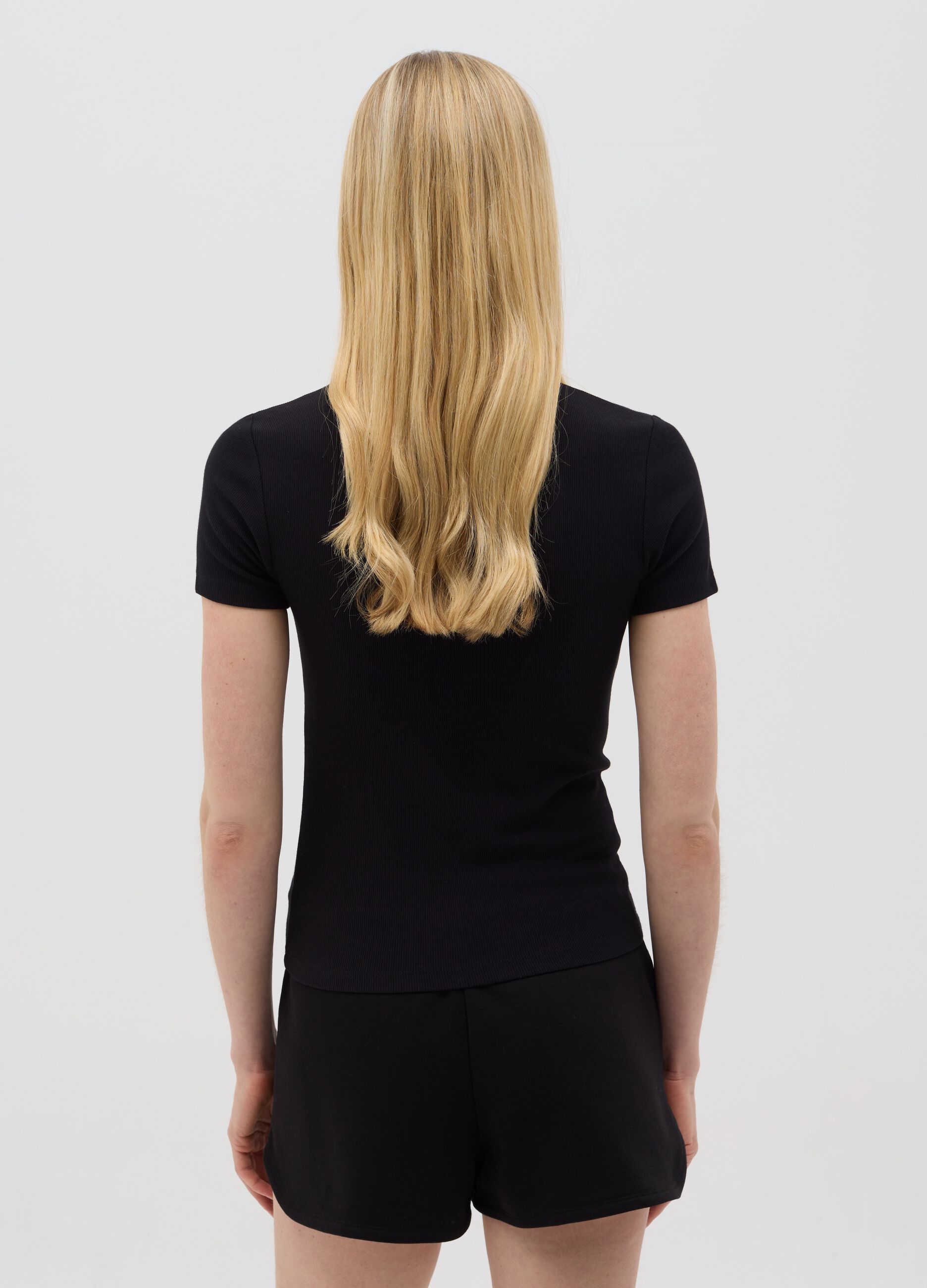 T-shirt da donna in cotone elasticizzato nero regular fit