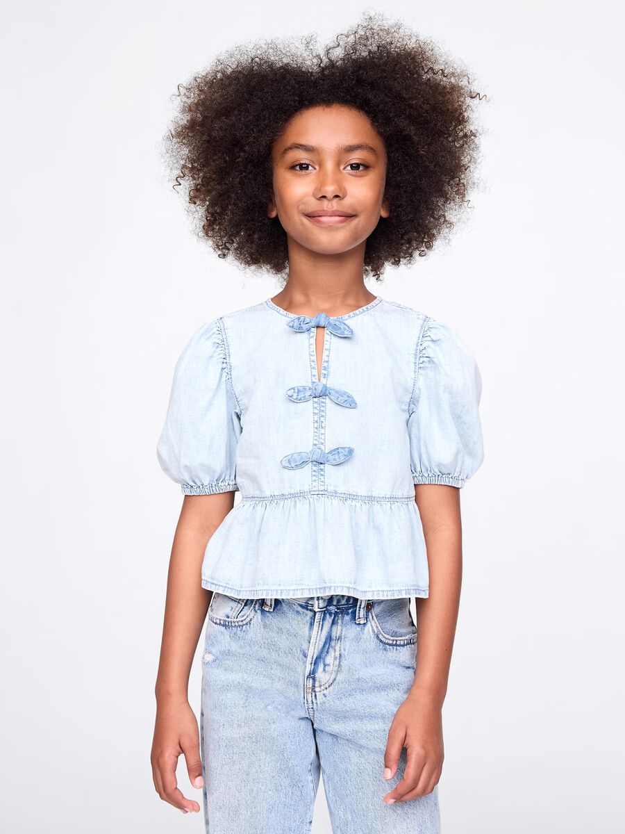 Denim shirt in cotton with bows_0