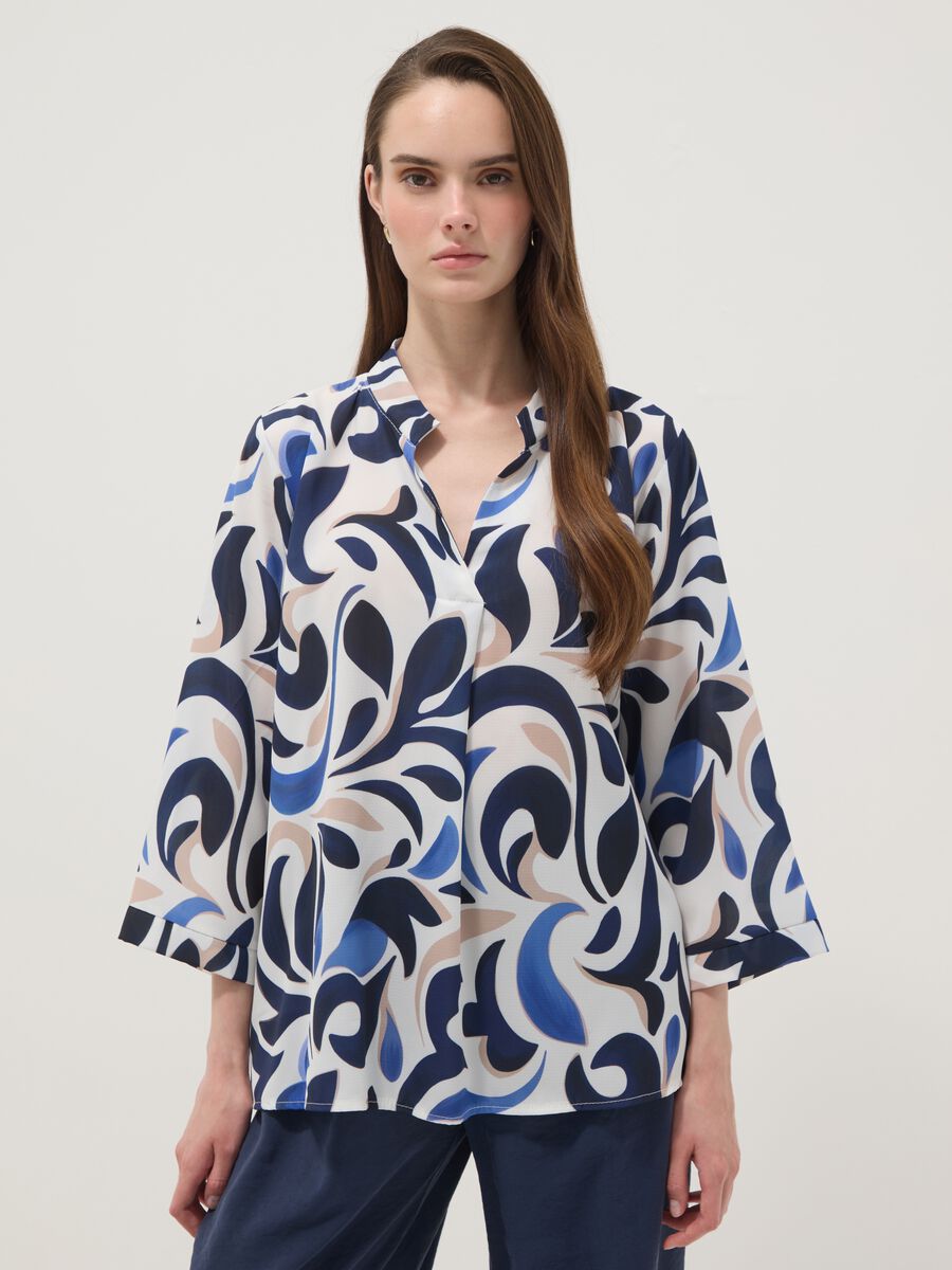 Blusa multicolor fantasia a maniche lunghe con scollo a V_0