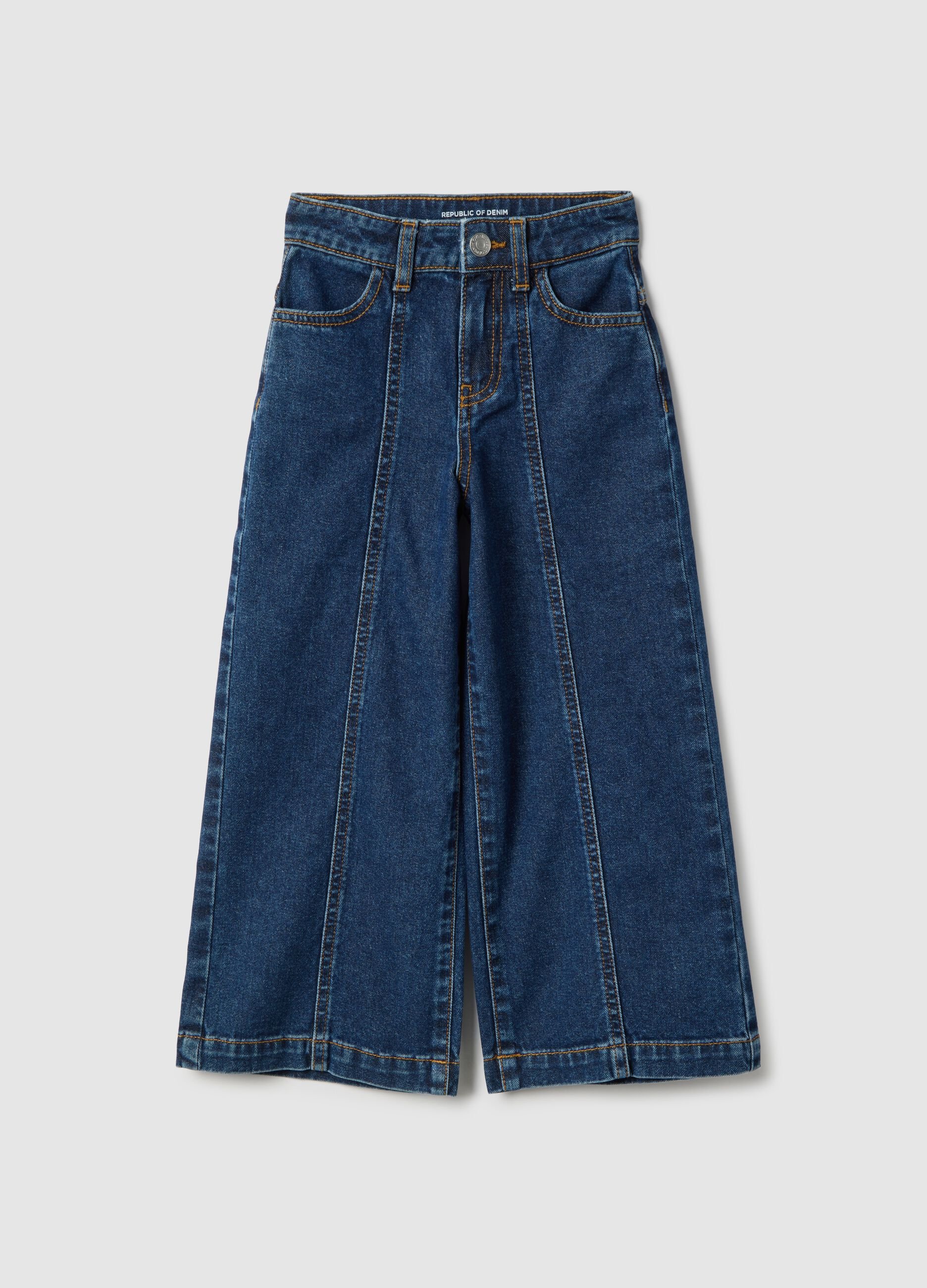 Girls' Blue Pure Cotton Super Wide Leg Jeans