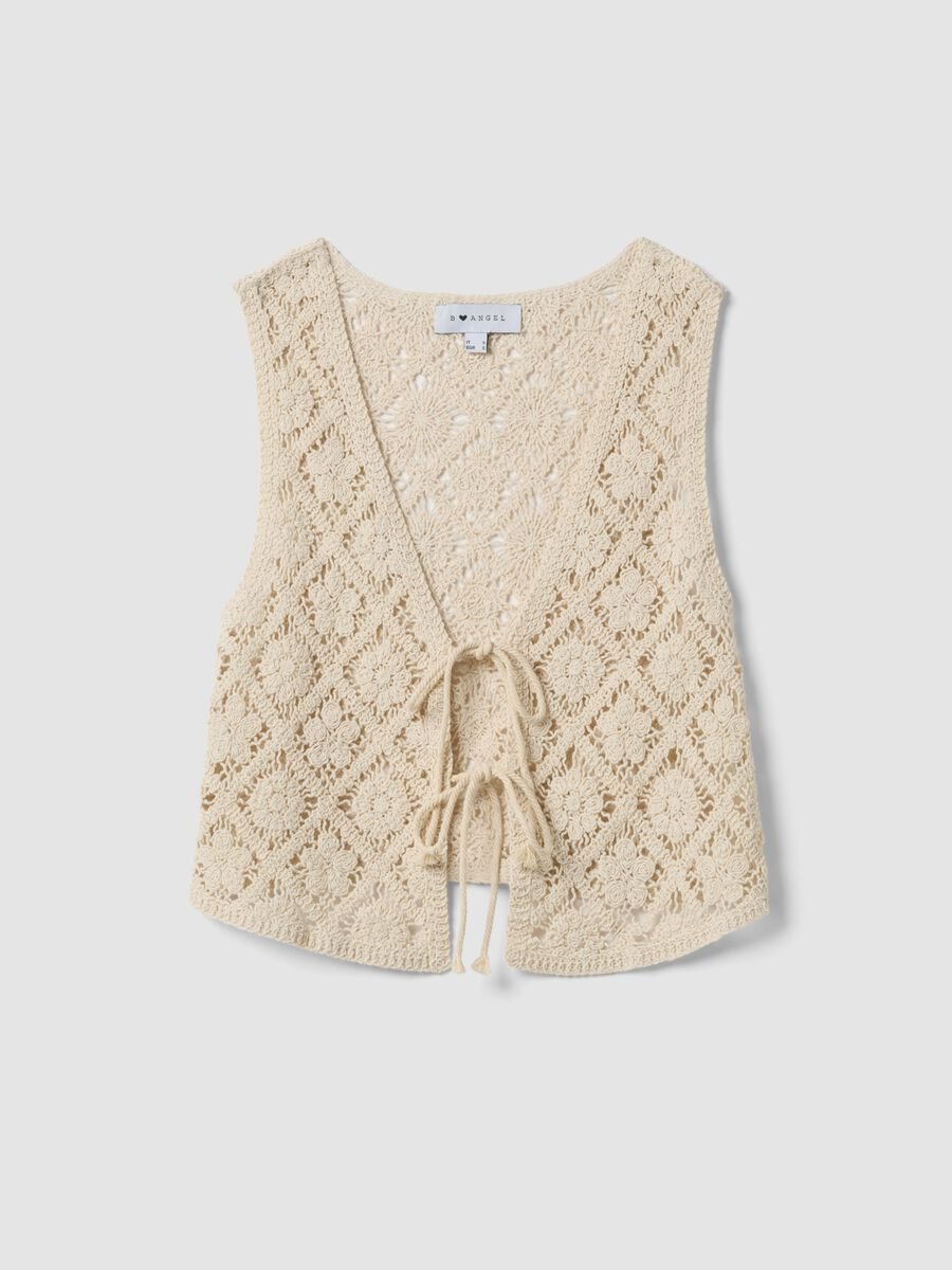 Gilet in misto cotone beige regular fit con design a maglia floreale_4
