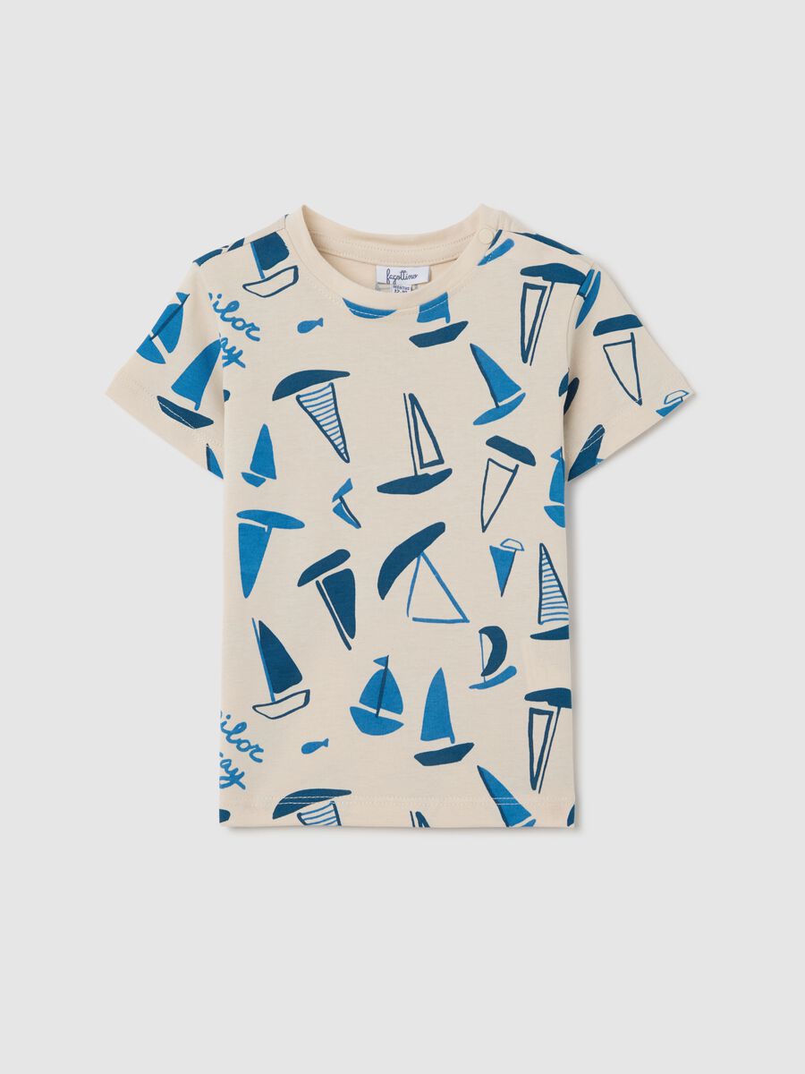 Ecru cotton T-shirt with sailing boats print_0