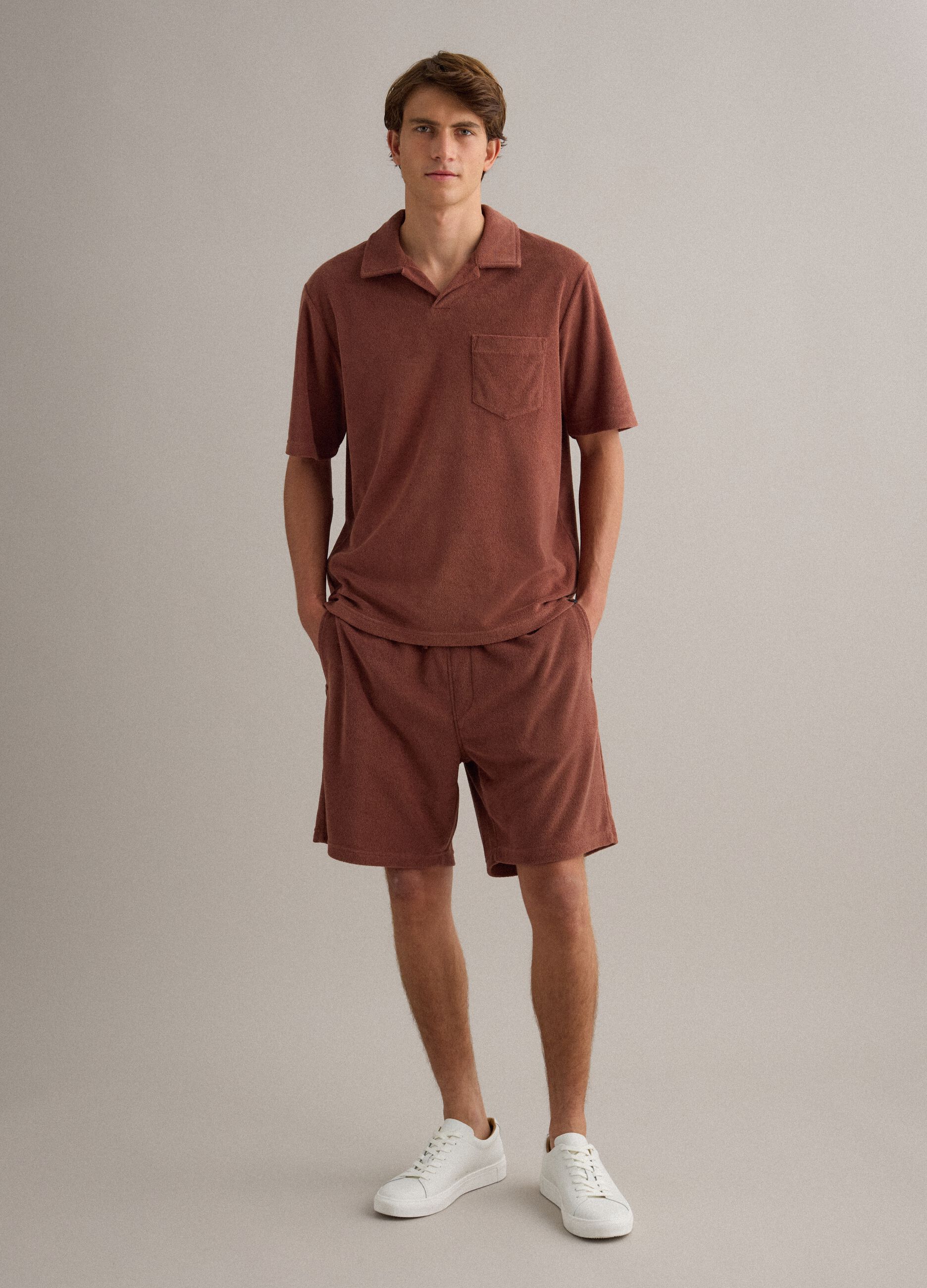 Brown cotton-blend Bermuda shorts with elasticated waist
