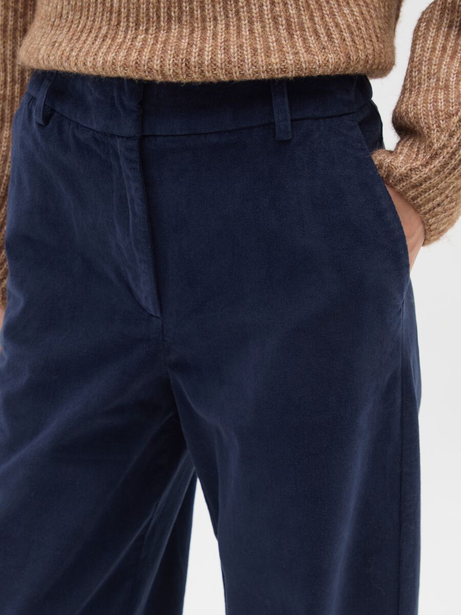 Regular fit blue velvet and cotton trousers_3