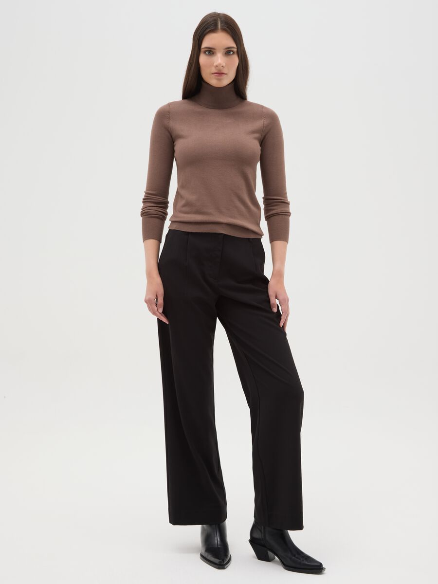Brown ribbed high-neck sweater with regular fit_1