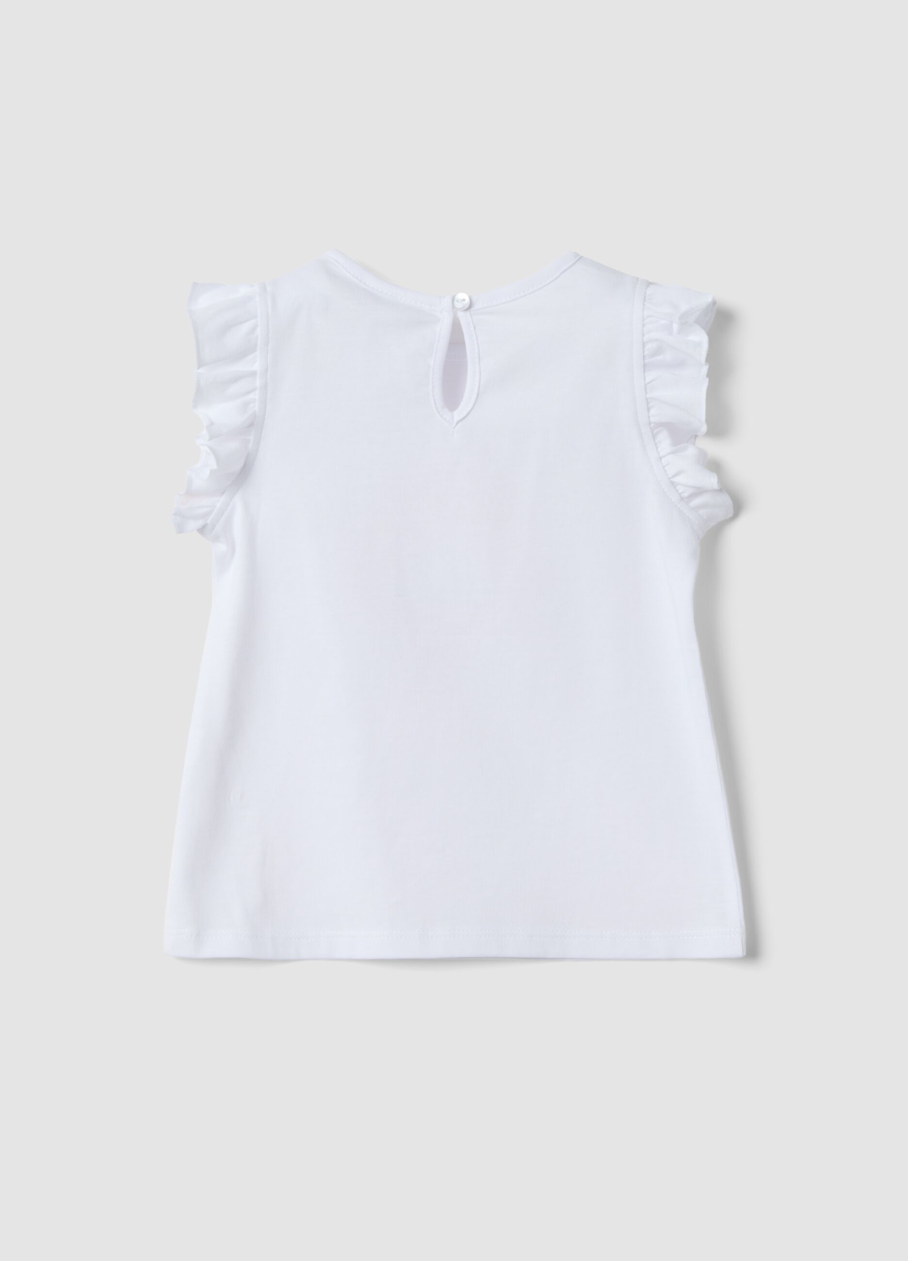 White organic cotton girls&rsquo; tank top with print and ruffles