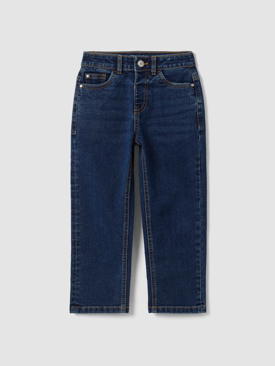 Jeans blu scuro in cotone elasticizzato straight fit per bambino_0