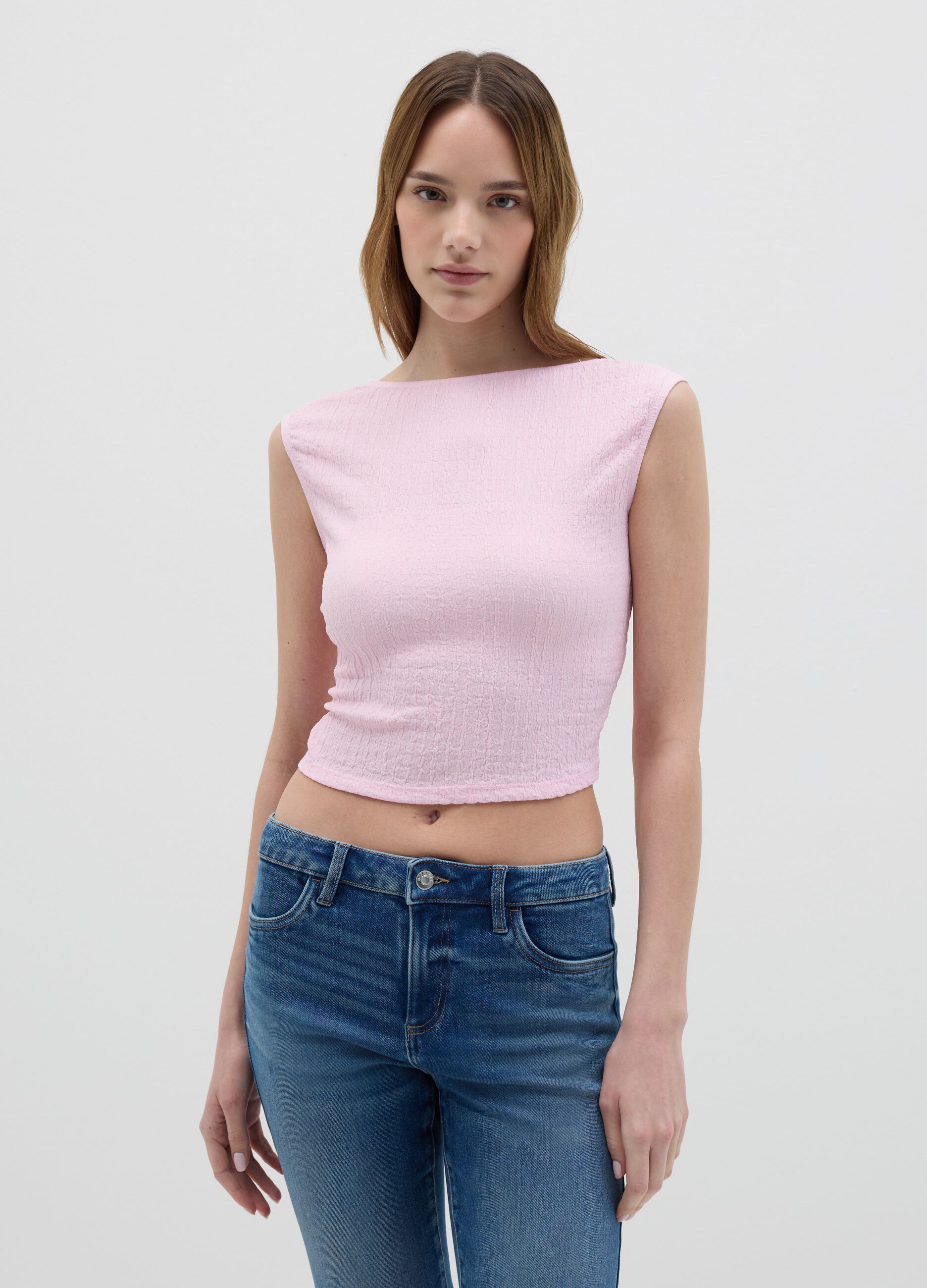 Crinkle-effect cropped tank top