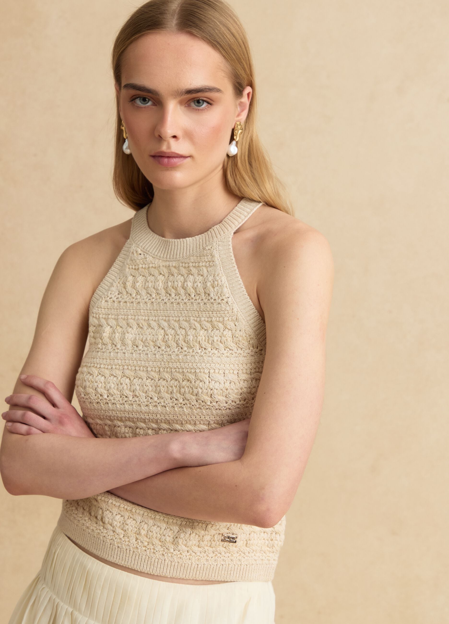 Beige cotton-blend knitted top
