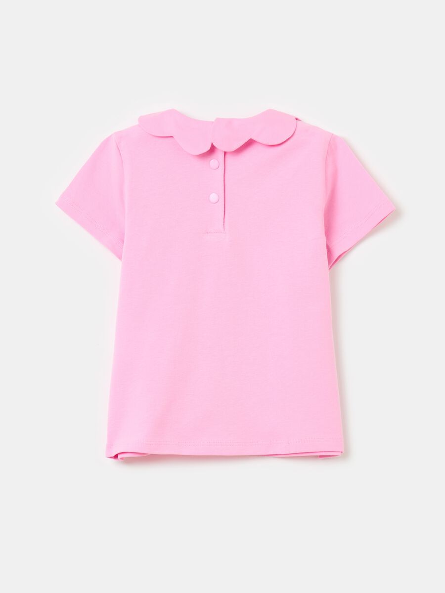 Stretch cotton T-shirt with flower collar_1