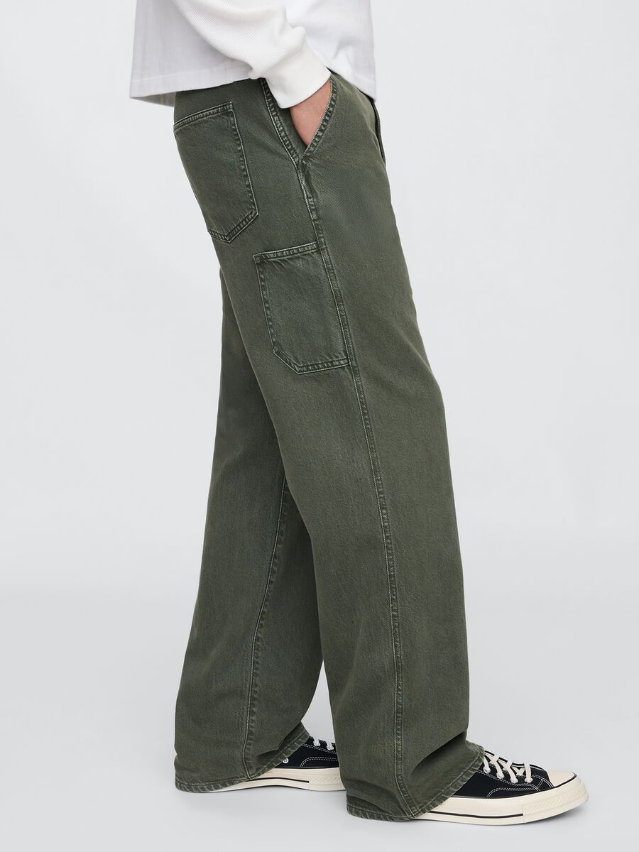 Wide Green Cargo Trousers in Cotton Blend_3