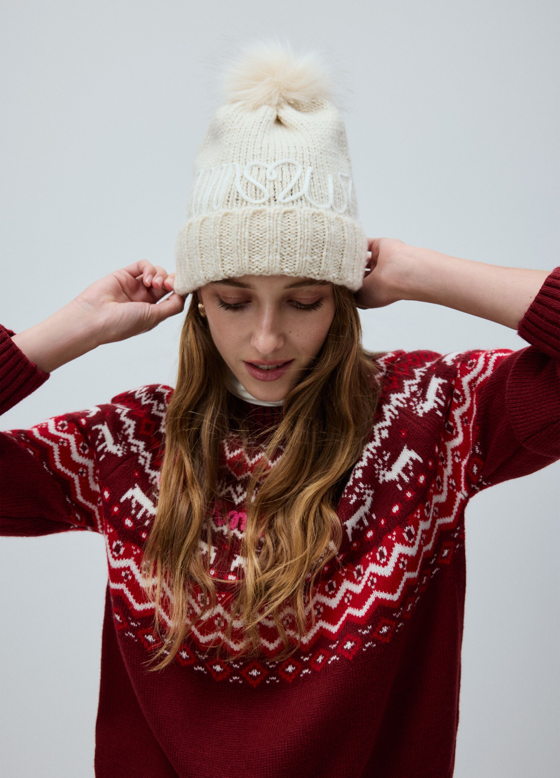 White Hat with Pompon and Inscription