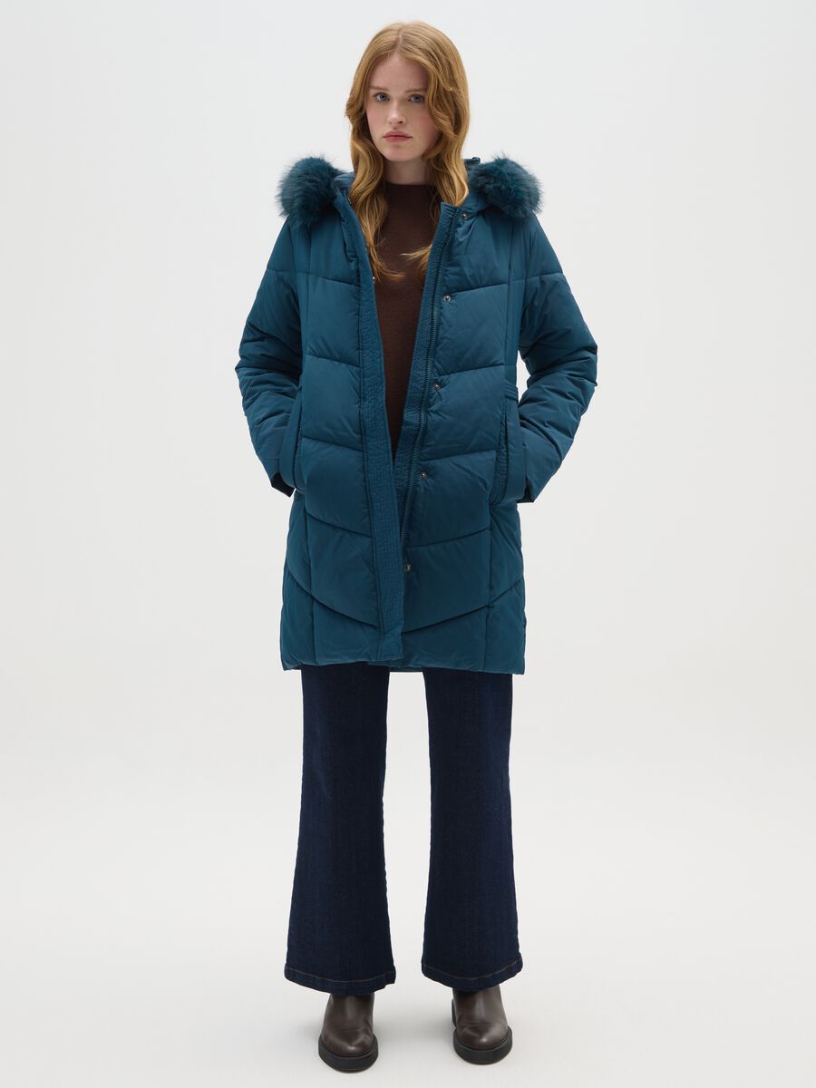 Long Blue Hooded Down Jacket_1