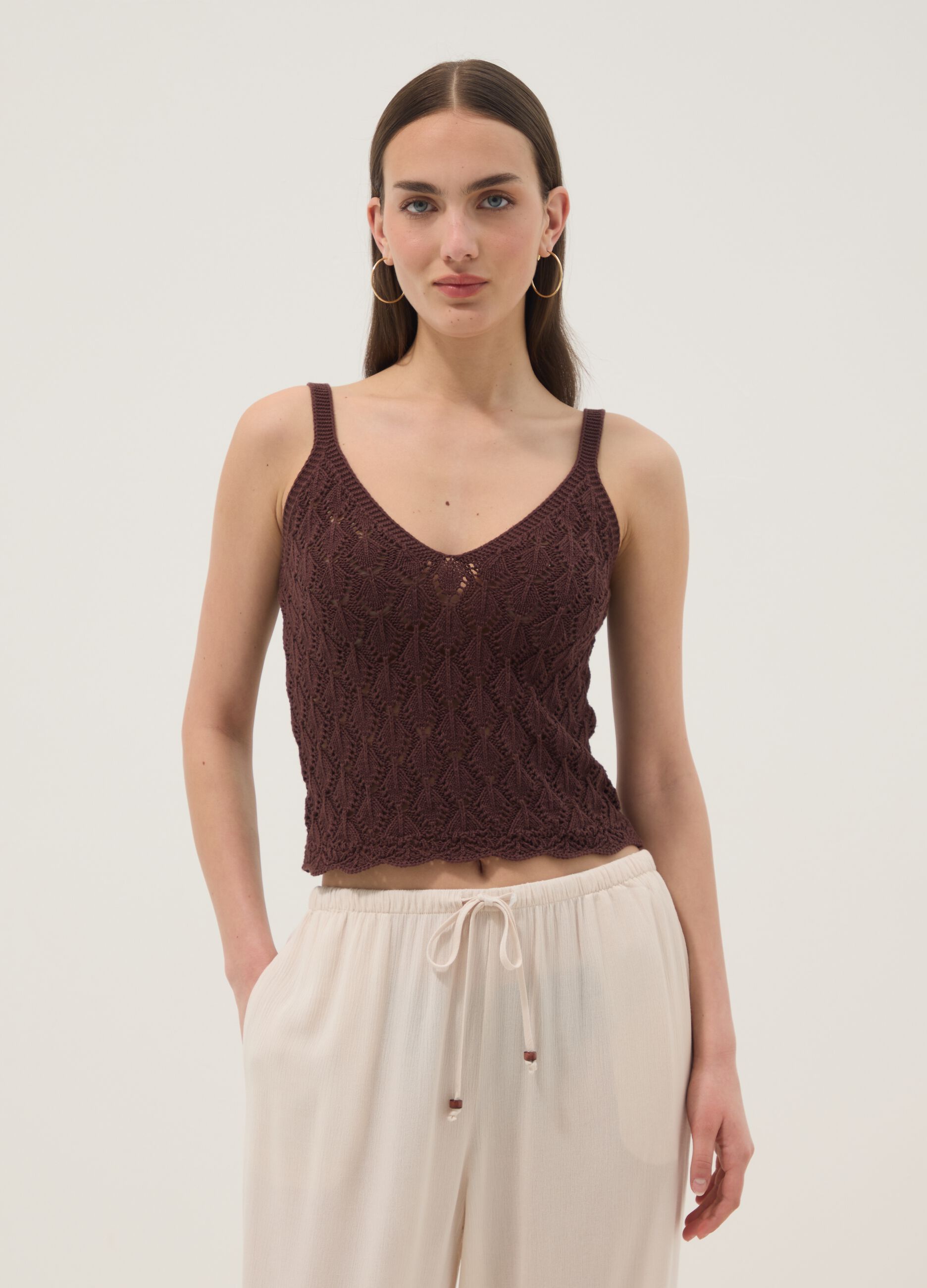 Gilet marrone in crochet di puro cotone regular fit