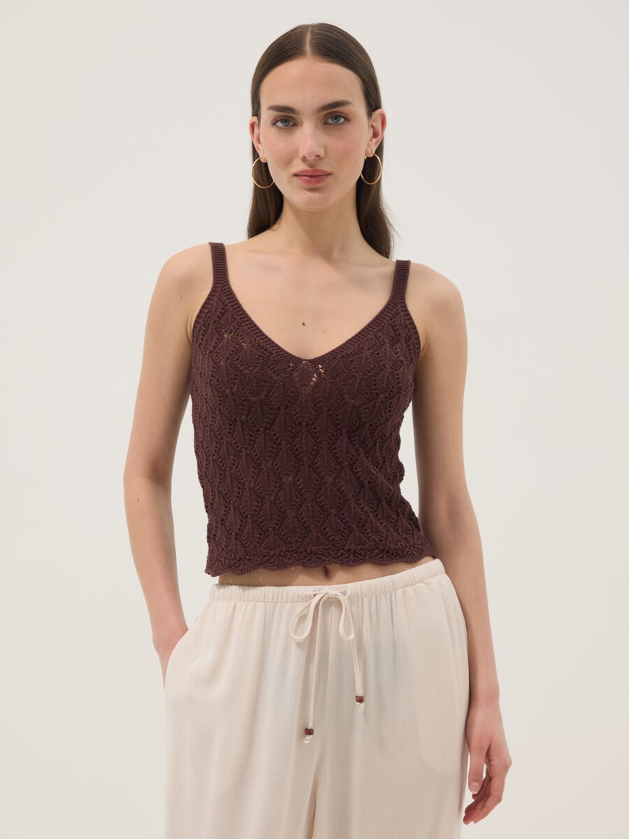 Brown pure cotton crochet waistcoat, regular fit_1
