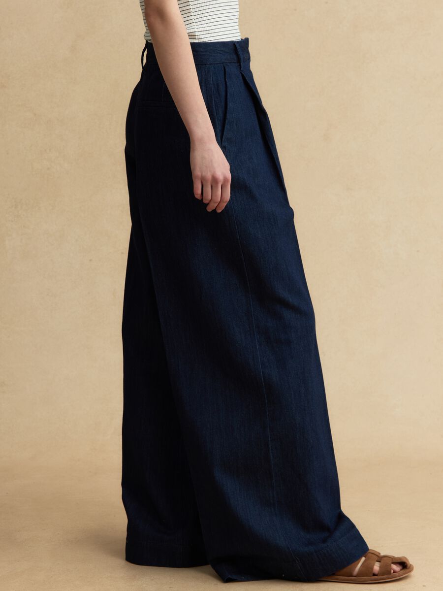Wide-leg blue denim pure cotton trousers_3