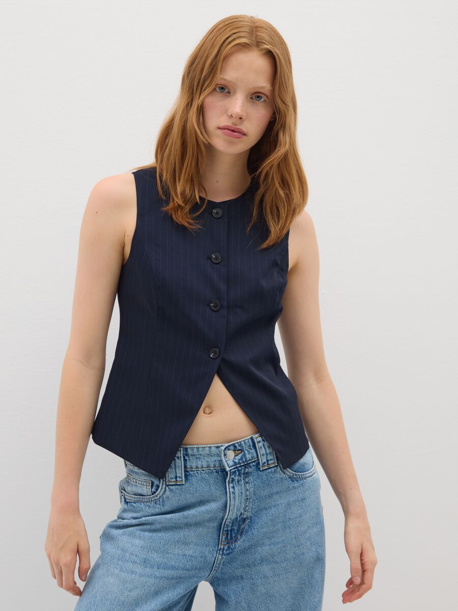 Gilet in tessuto elasticizzato blu regular fit a righe_0