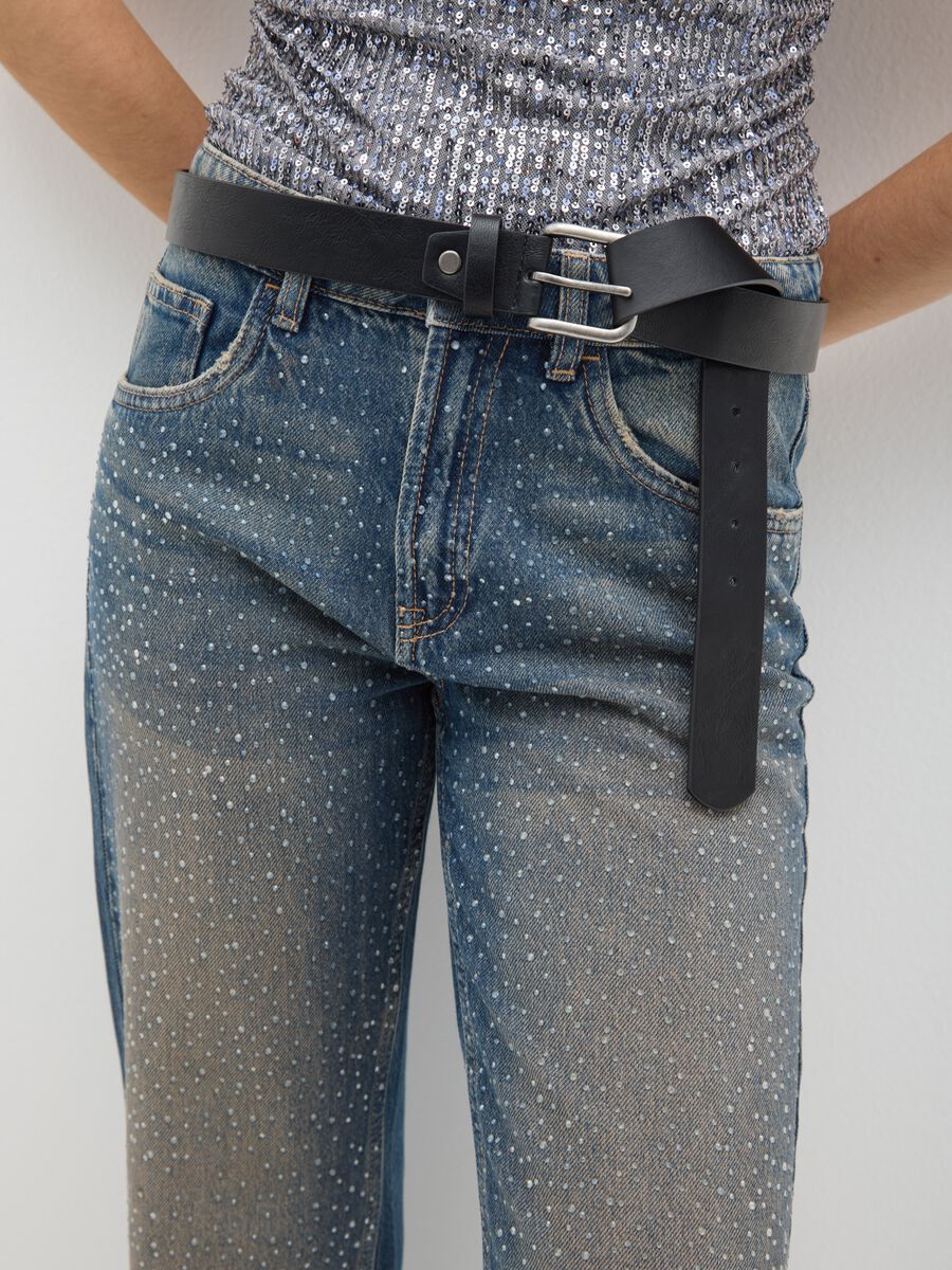 Jeans blu baggy in puro cotone con dettagli glitterati_4